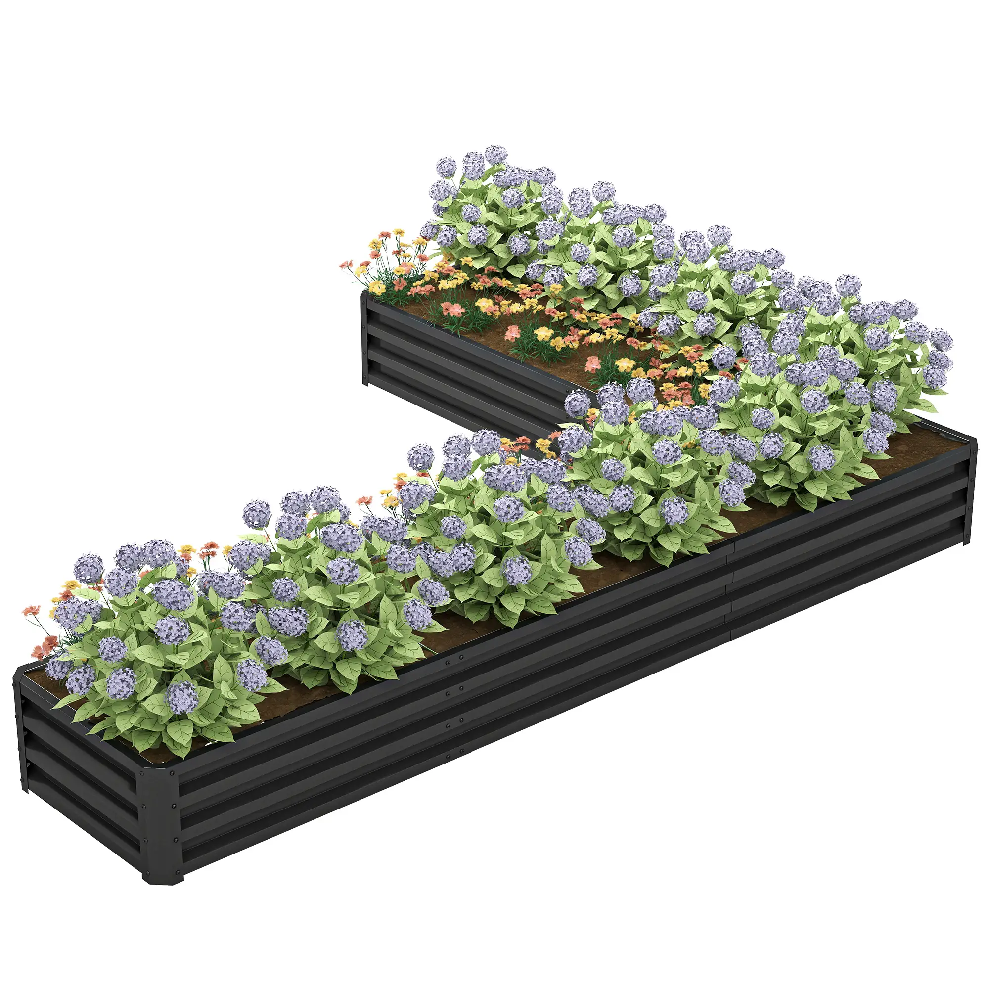 L-Shaped Raised Garden Bed, 82" x 109" x 12", Black Galvanized Steel Planter Box, Black
