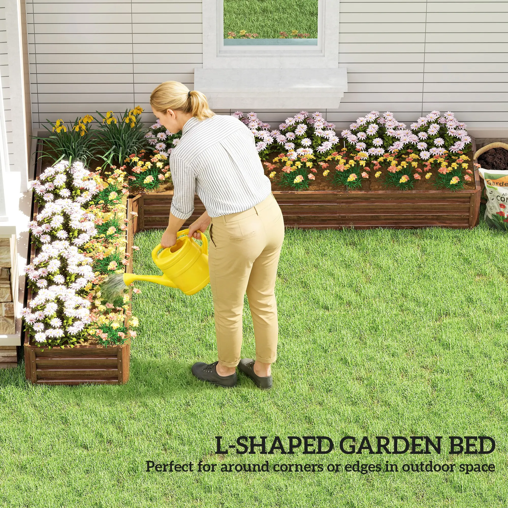 L-Shaped Raised Garden Bed, 82" x 109" x 12", Galvanized Steel Planter Box, Dark Brown - Image 4