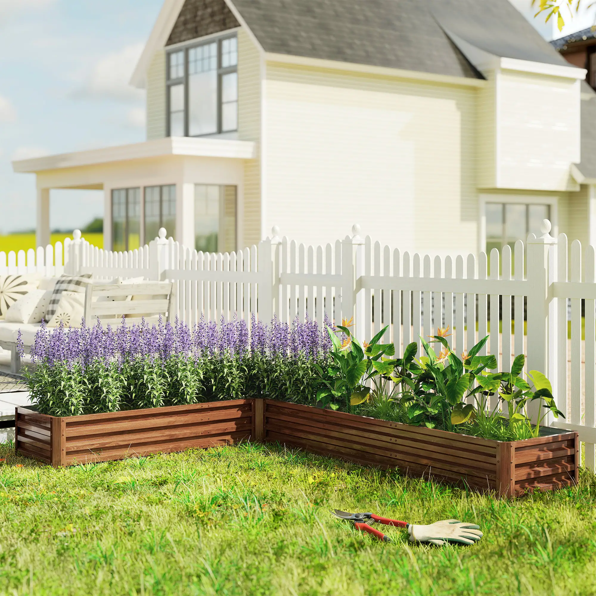L-Shaped Raised Garden Bed, 82" x 109" x 12", Galvanized Steel Planter Box, Dark Brown - Image 9