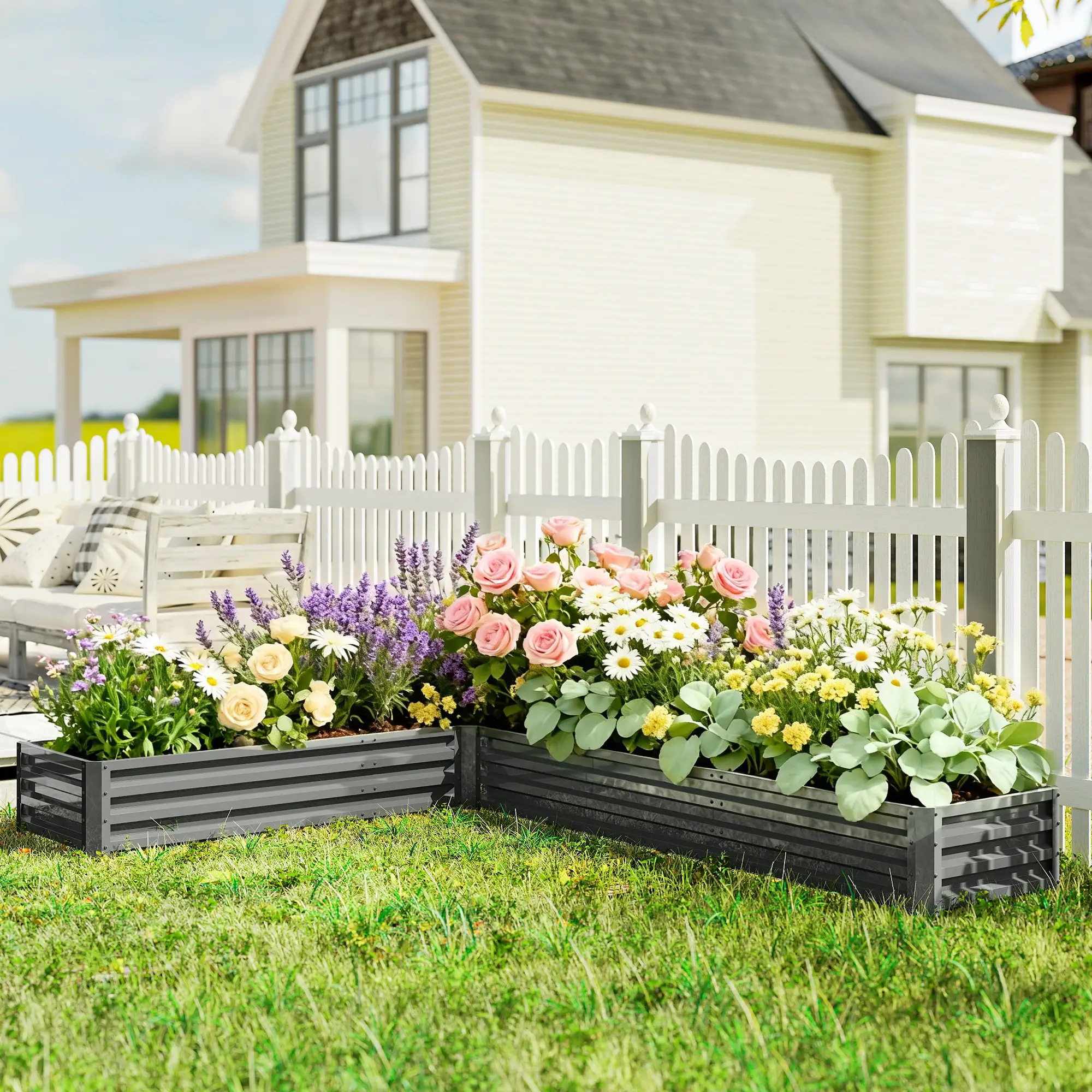L-Shaped Raised Garden Bed, 82" x 109" x 12", Galvanized Steel Planter Box, Light Grey - Image 10
