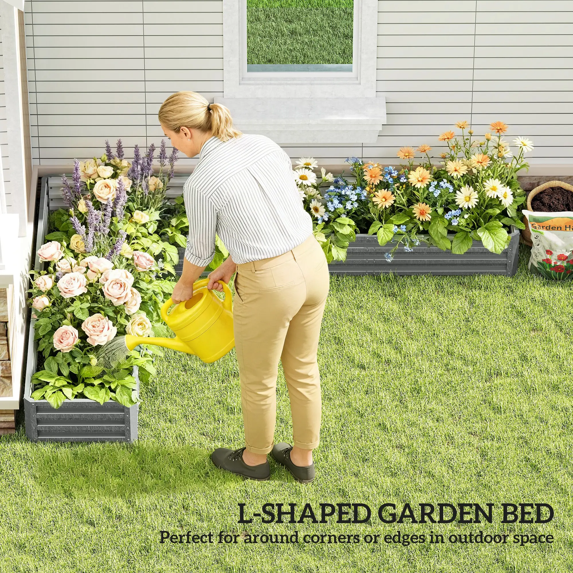 L-Shaped Raised Garden Bed, 82" x 109" x 12", Galvanized Steel Planter Box, Light Grey - Image 4