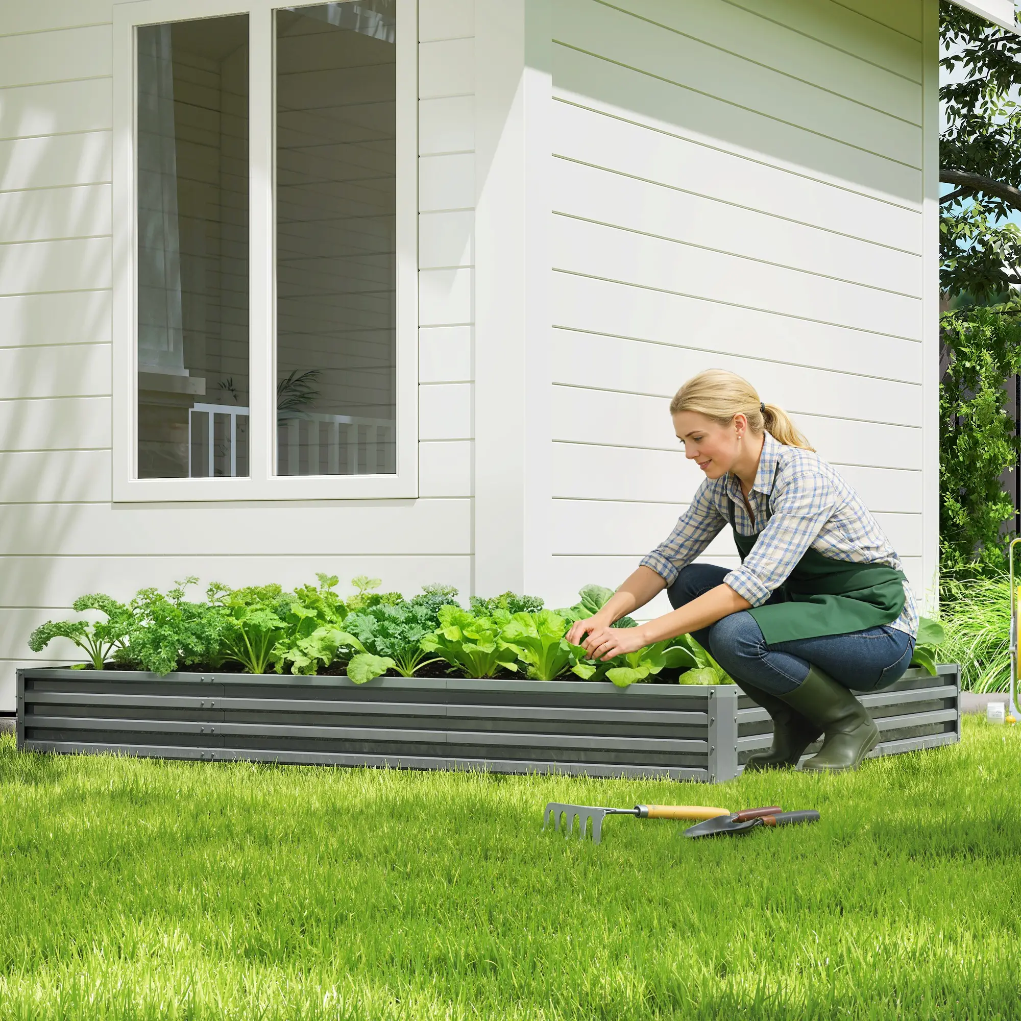 L-Shaped Raised Garden Bed, 82" x 109" x 12", Galvanized Steel Planter Box, Light Grey - Image 9