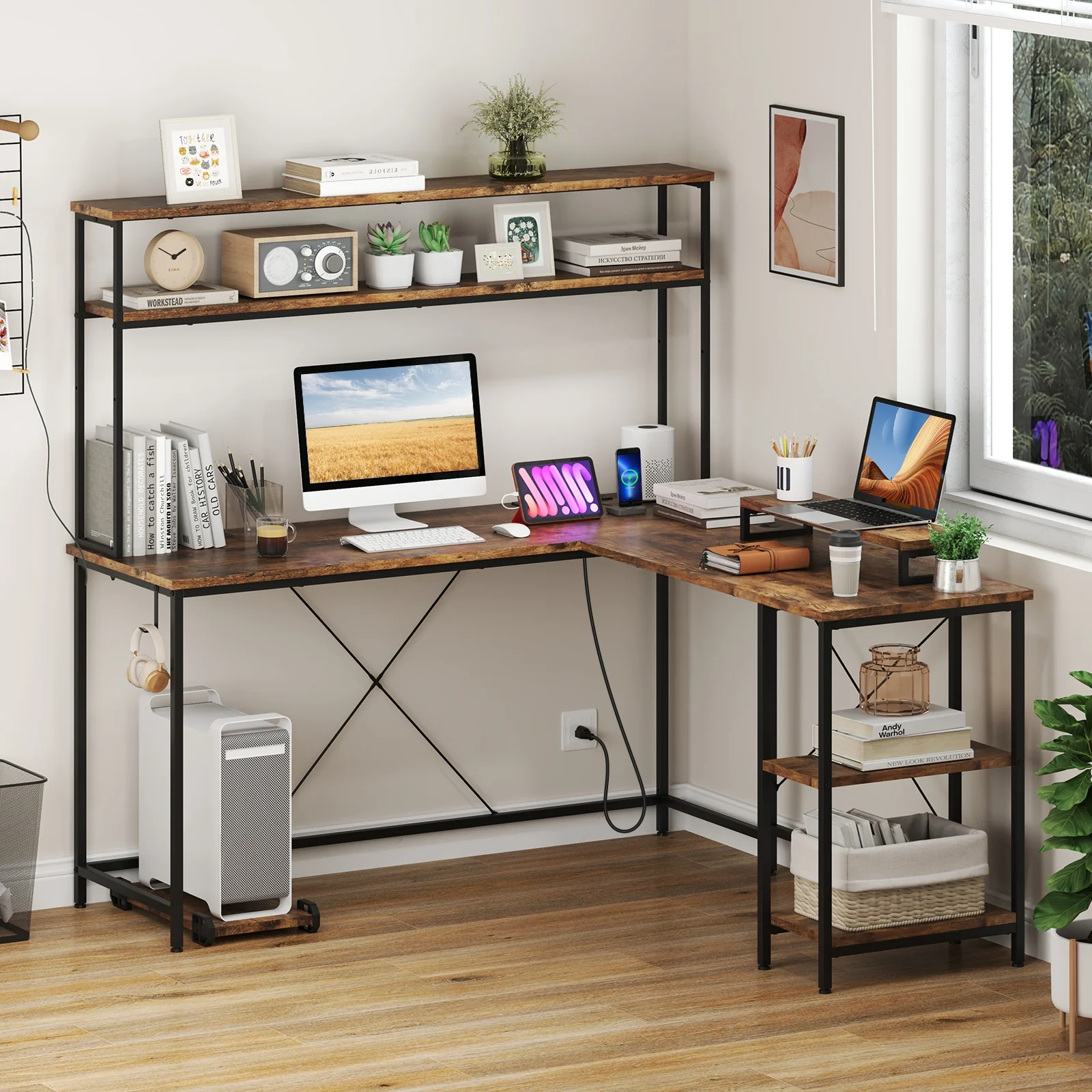 L-Shaped Reversible Gaming Desk, LED Strip, Power Outlets, Rustic Brown - Image 2