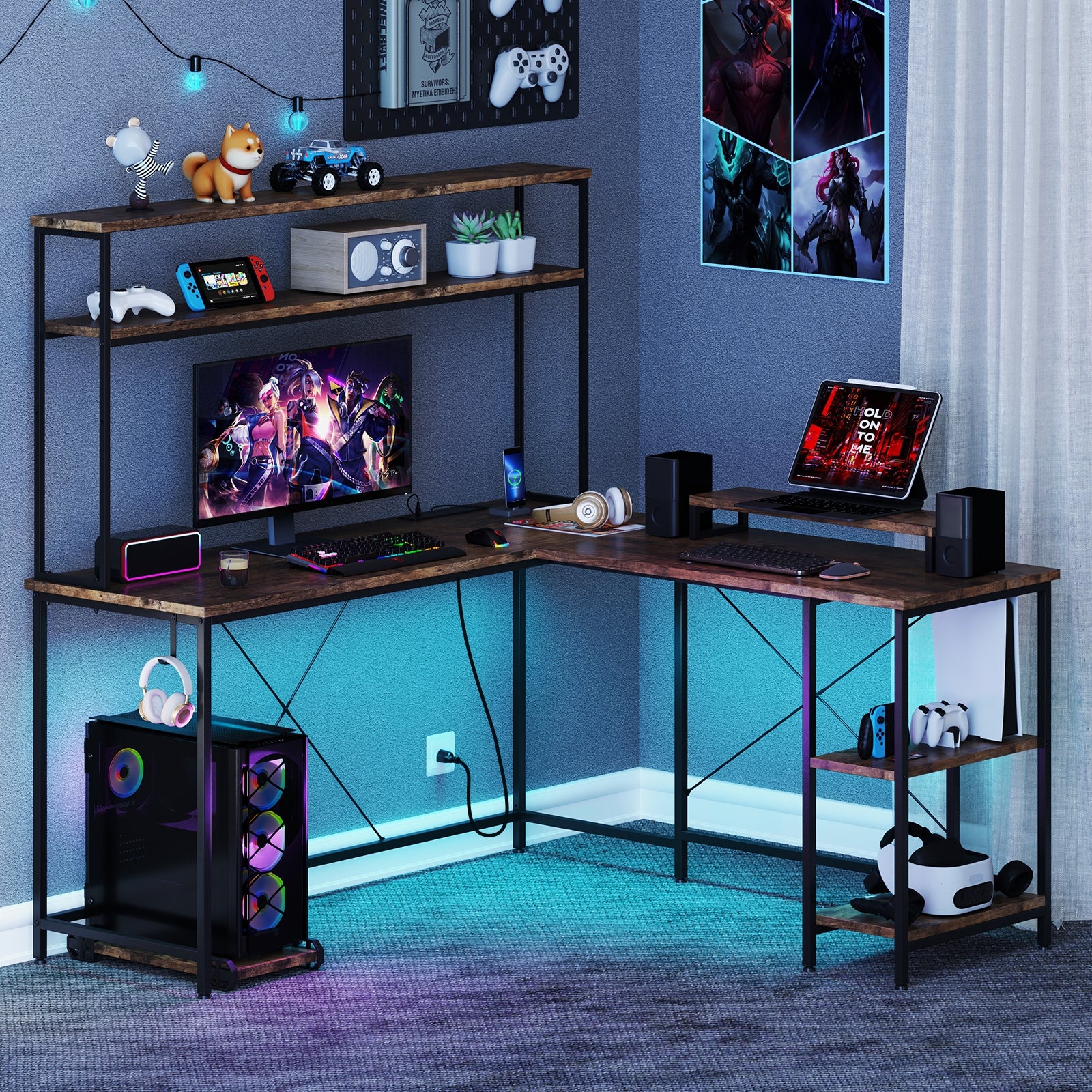 L-Shaped Reversible Gaming Desk, LED Strip, Power Outlets, Rustic Brown - Image 3