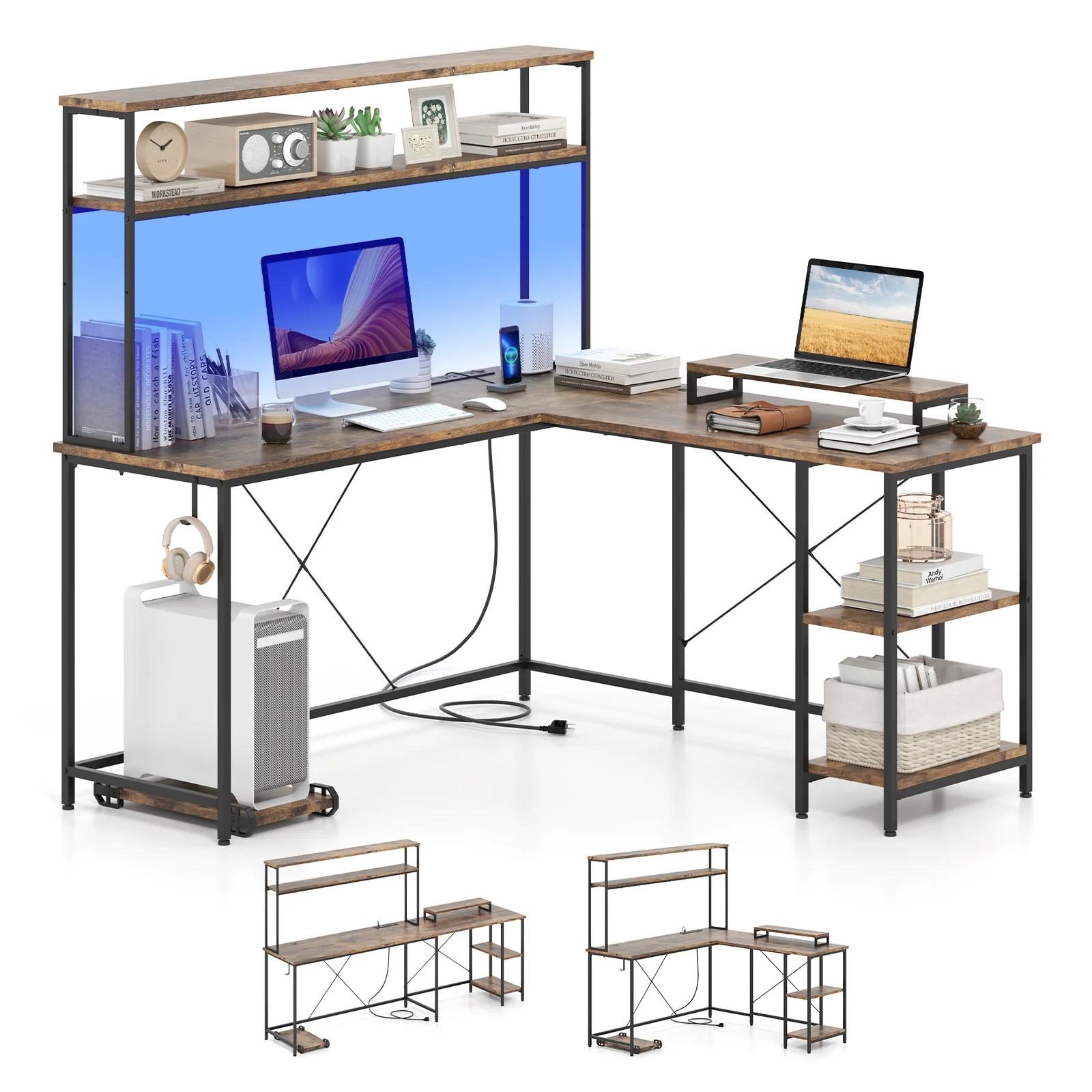 L-Shaped Reversible Gaming Desk, LED Strip, Power Outlets, Rustic Brown - Image 4