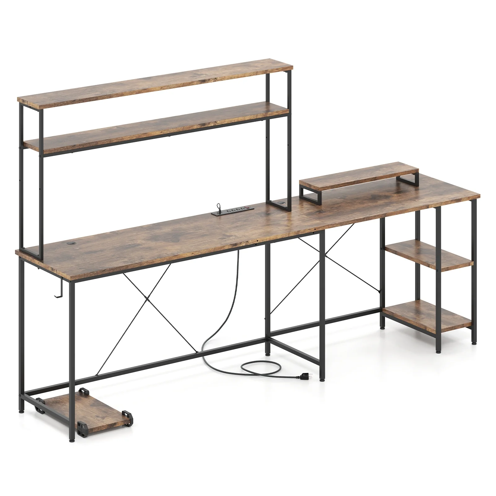 L-Shaped Reversible Gaming Desk, LED Strip, Power Outlets, Rustic Brown - Image 7