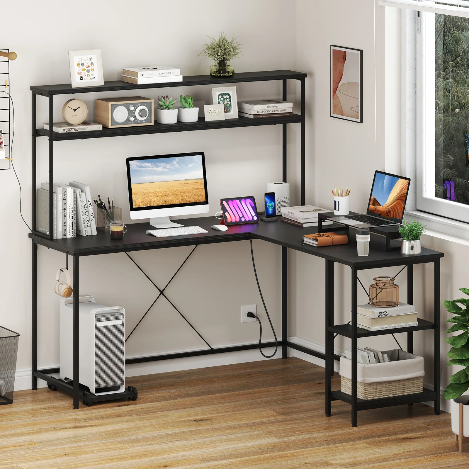 L-Shaped Reversible Gaming Desk With LED Strip, Power Outlets, Black - Image 2