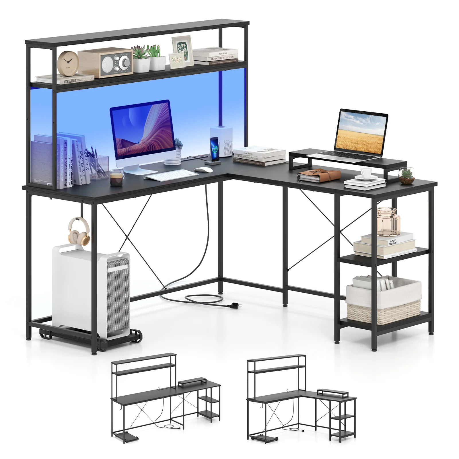 L-Shaped Reversible Gaming Desk With LED Strip, Power Outlets, Black - Image 4