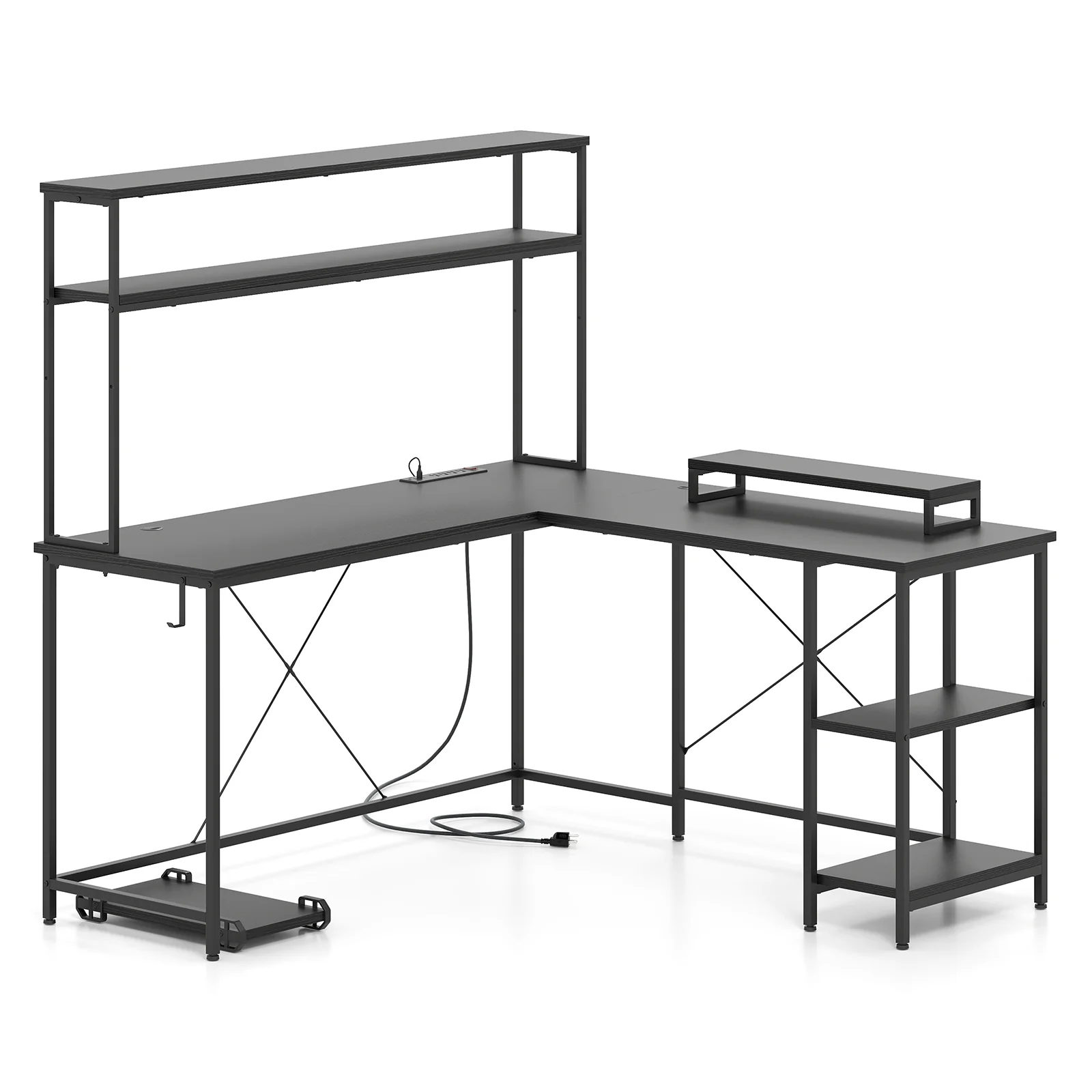 L-Shaped Reversible Gaming Desk With LED Strip, Power Outlets, Black - Image 5