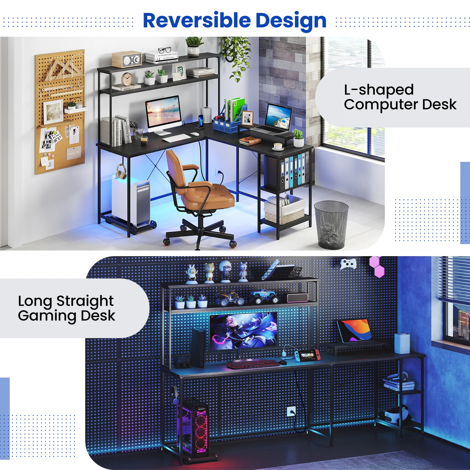 L-Shaped Reversible Gaming Desk With LED Strip, Power Outlets, Black - Image 8