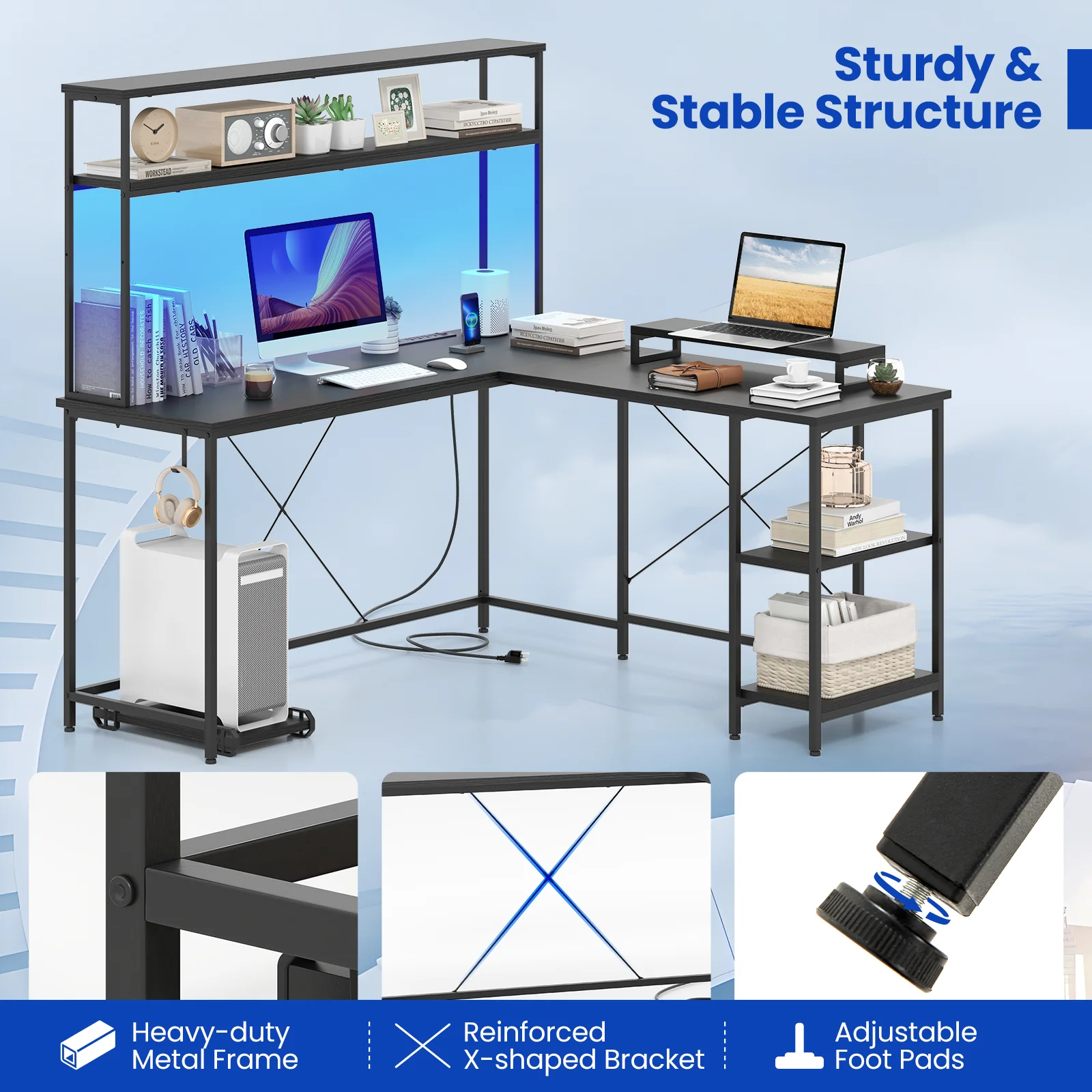 L-Shaped Reversible Gaming Desk With LED Strip, Power Outlets, Black - Image 9