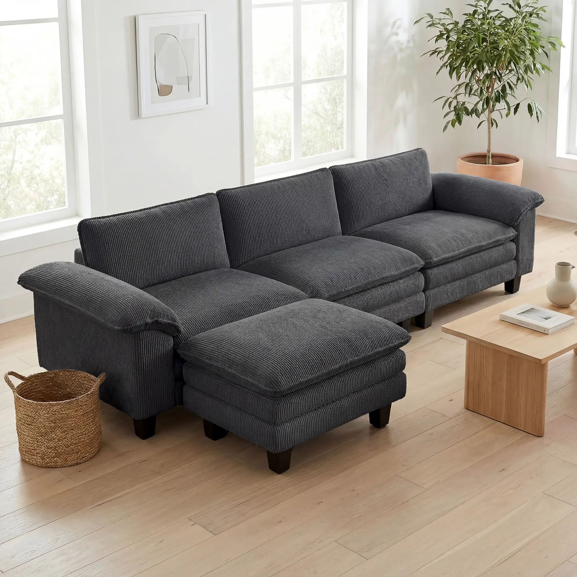 L-Shaped Sectional Sofa, Movable Ottoman, Pillow-Top Armrests, Dark Grey - Image 7
