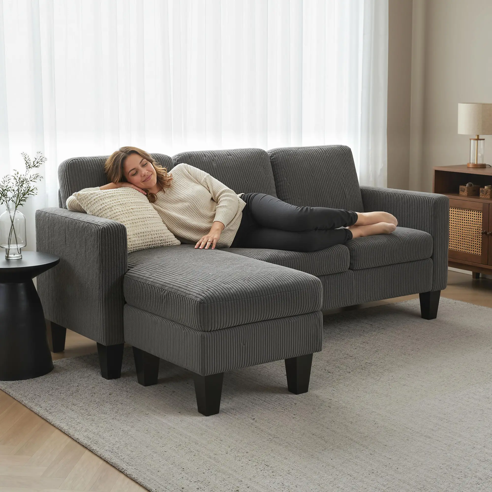L Shaped Sectional Sofa, With Changeable Chaise Ottoman, Dark Grey - Image 10