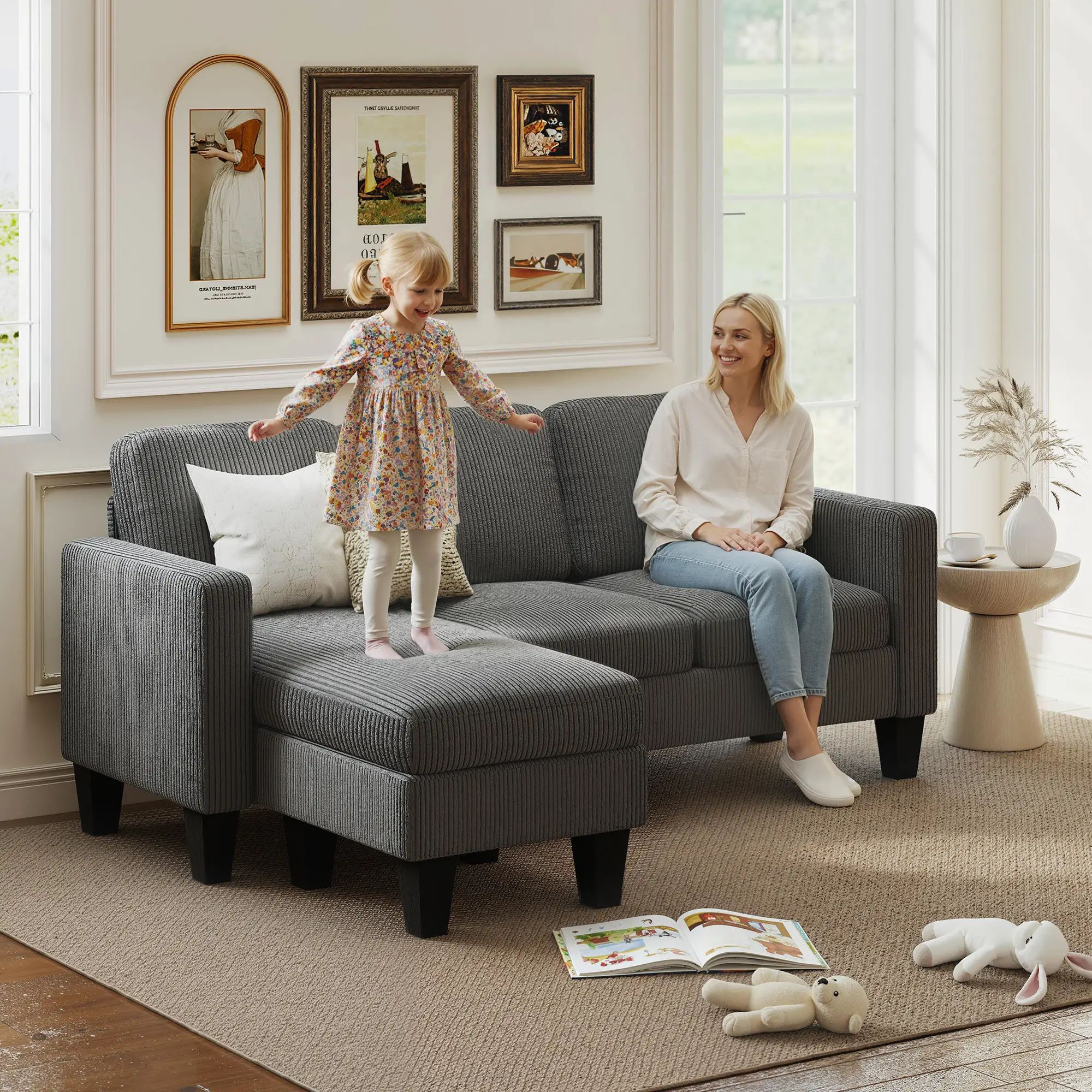 L Shaped Sectional Sofa, With Changeable Chaise Ottoman, Dark Grey - Image 2