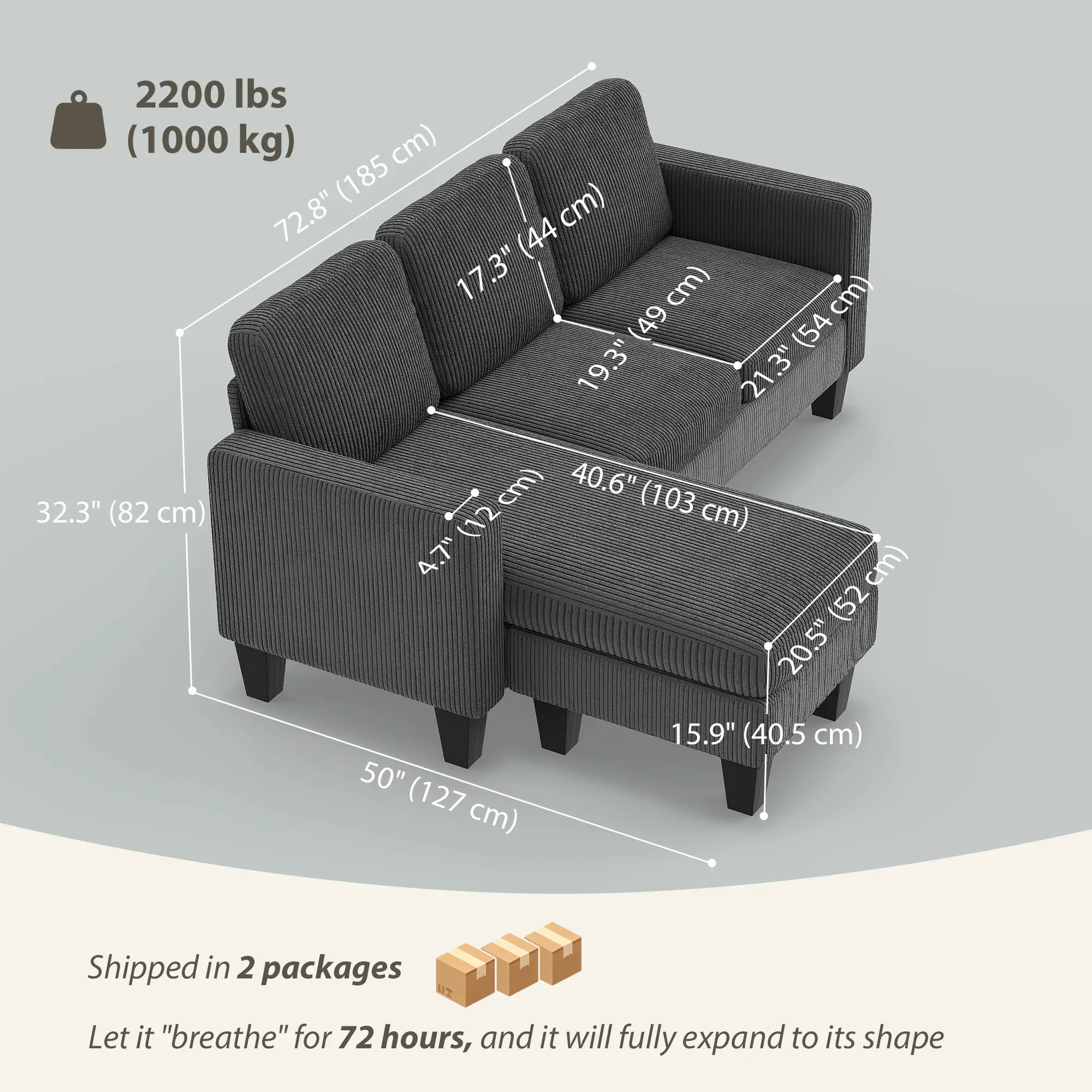 L Shaped Sectional Sofa, With Changeable Chaise Ottoman, Dark Grey - Image 3