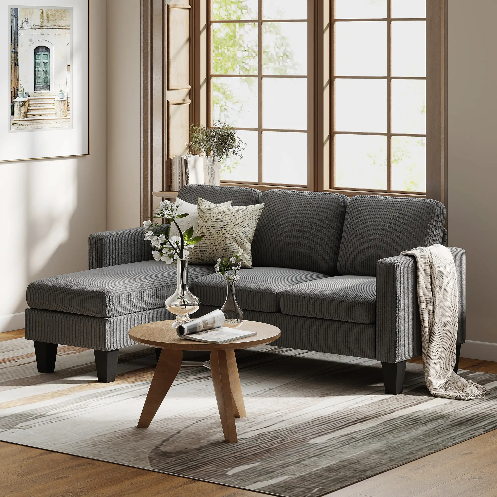 L Shaped Sectional Sofa, With Changeable Chaise Ottoman, Dark Grey - Image 8