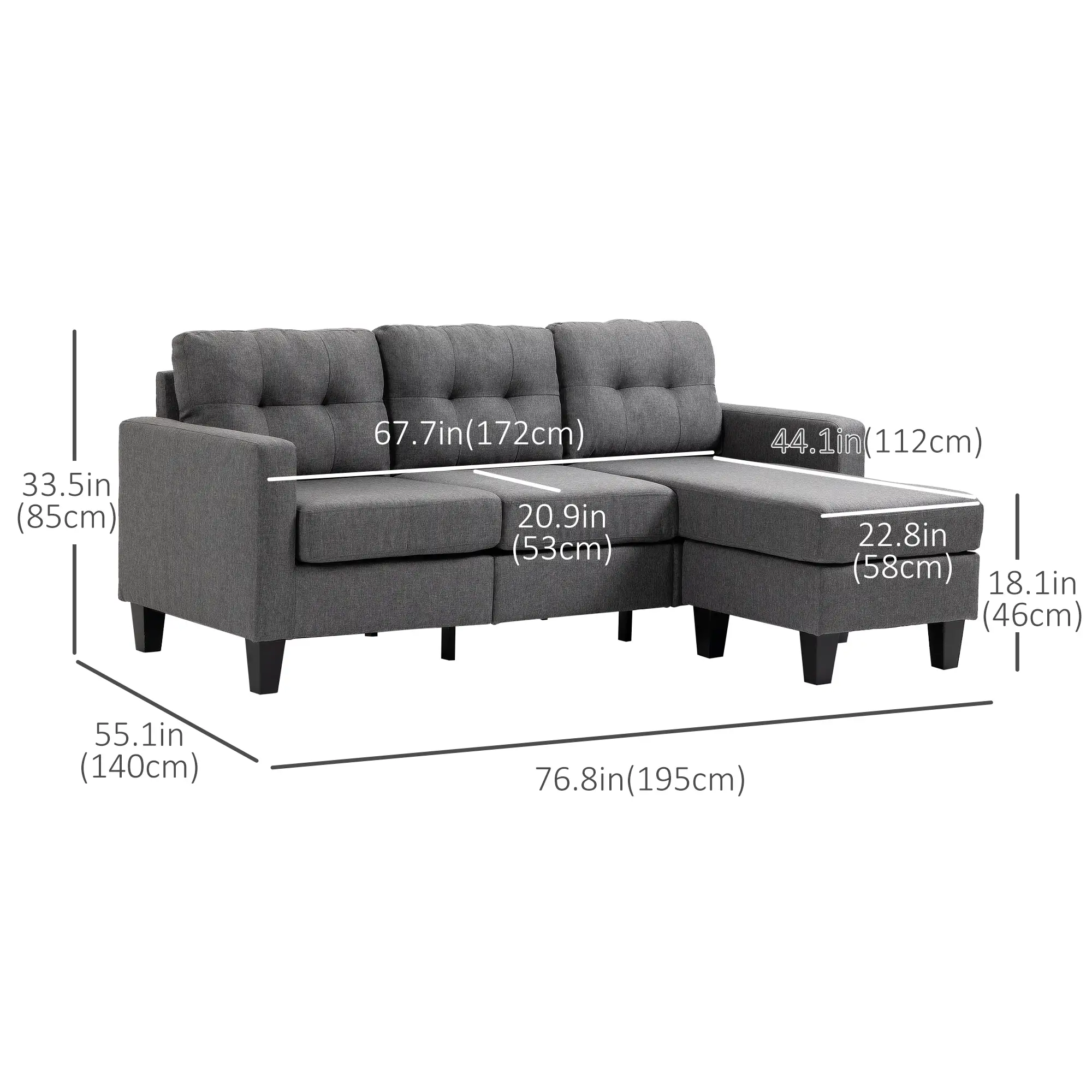 L-Shaped Sofa, 3 Seater with Ottoman, Dark Grey - Image 3