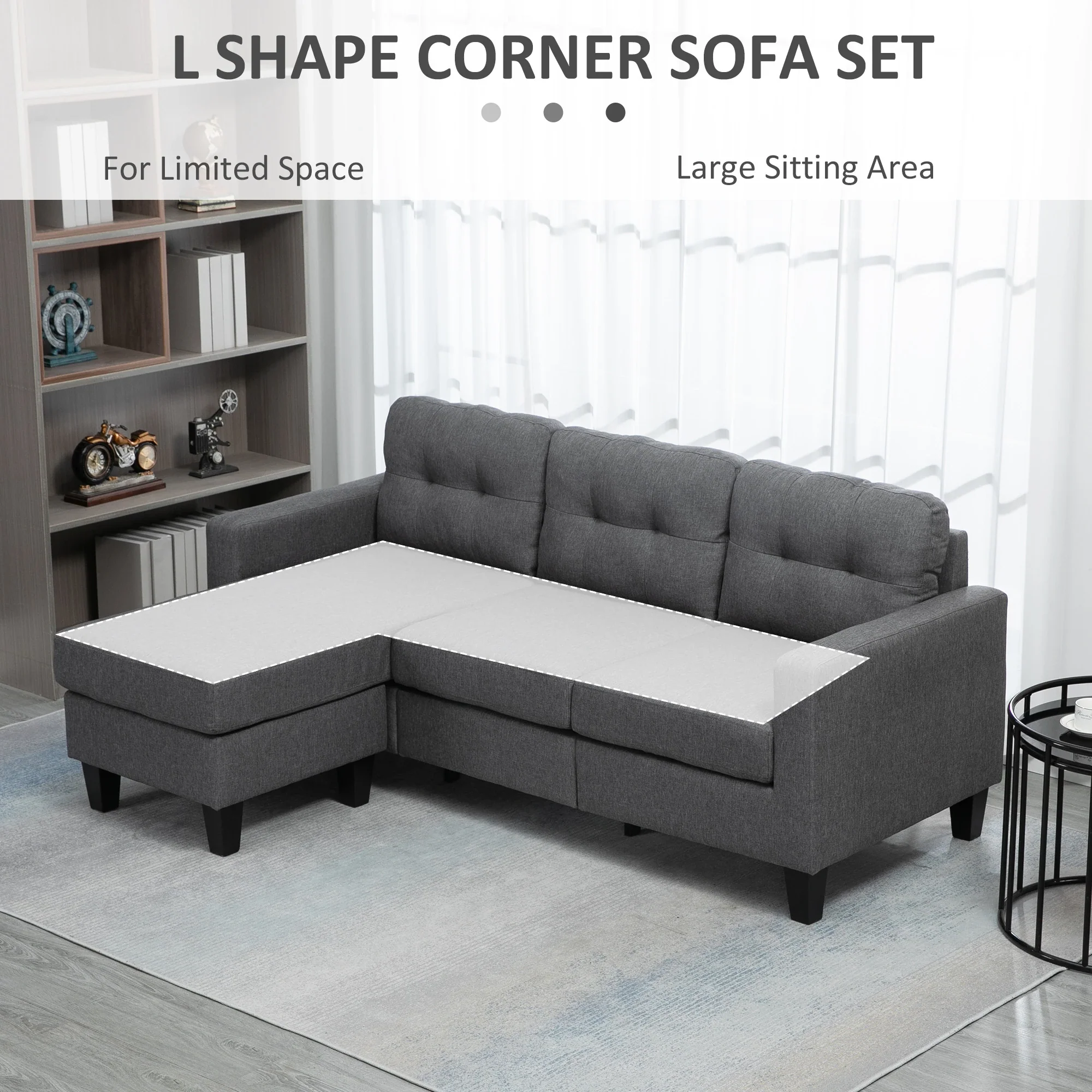 L-Shaped Sofa, 3 Seater with Ottoman, Dark Grey - Image 5
