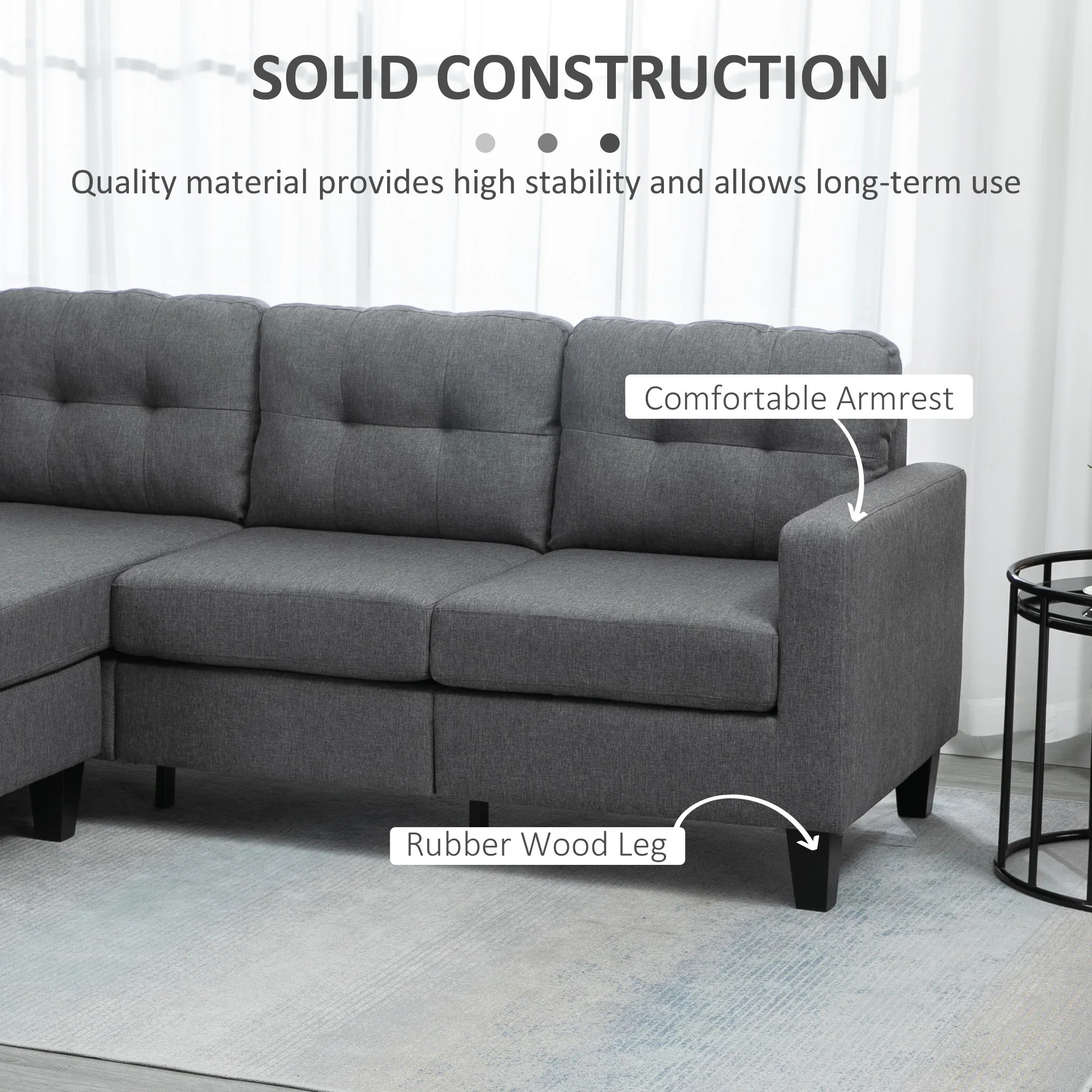 L-Shaped Sofa, 3 Seater with Ottoman, Dark Grey - Image 6