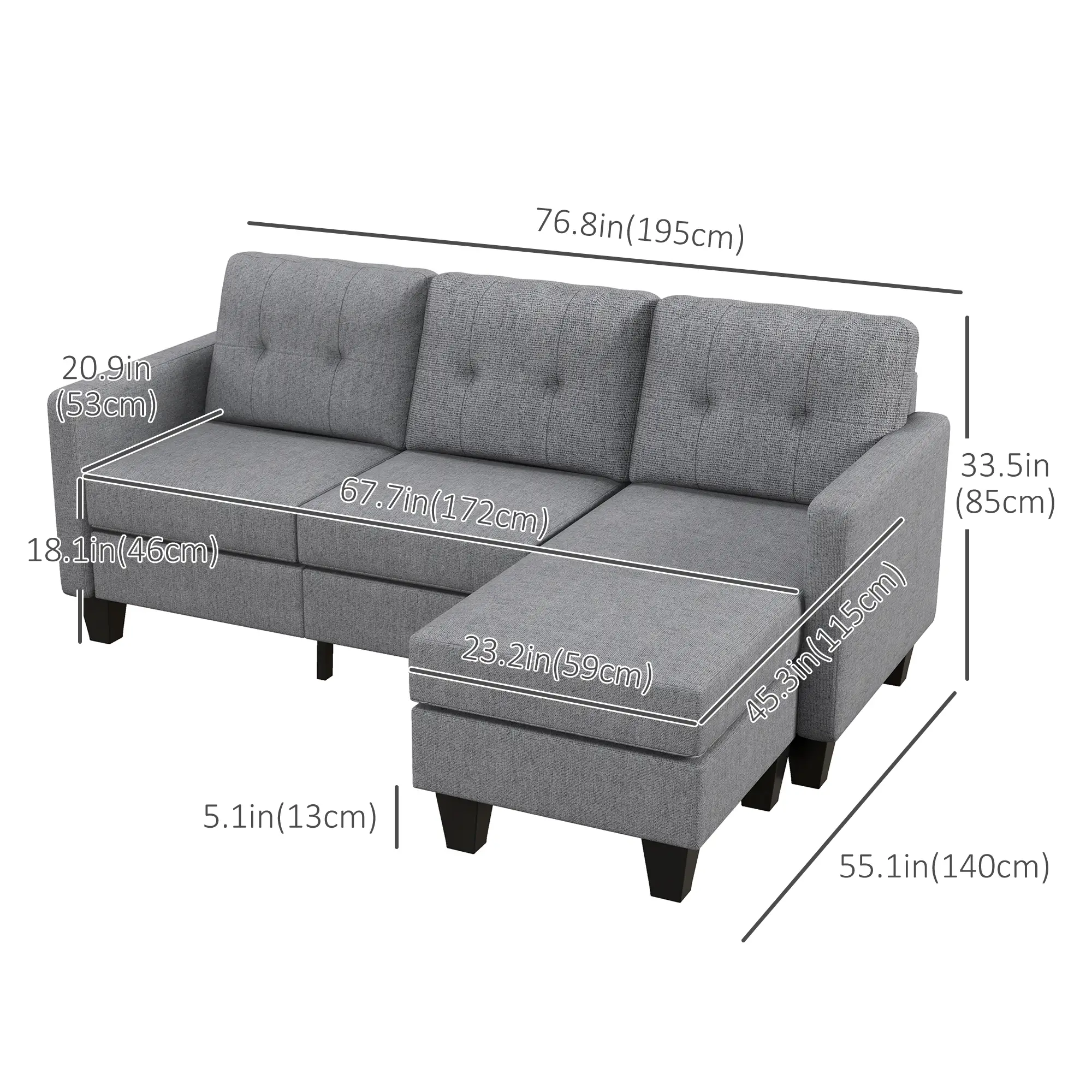 L-Shaped Sofa, 3 Seater with Ottoman, Thick Padded Cushion, Light Grey - Image 3