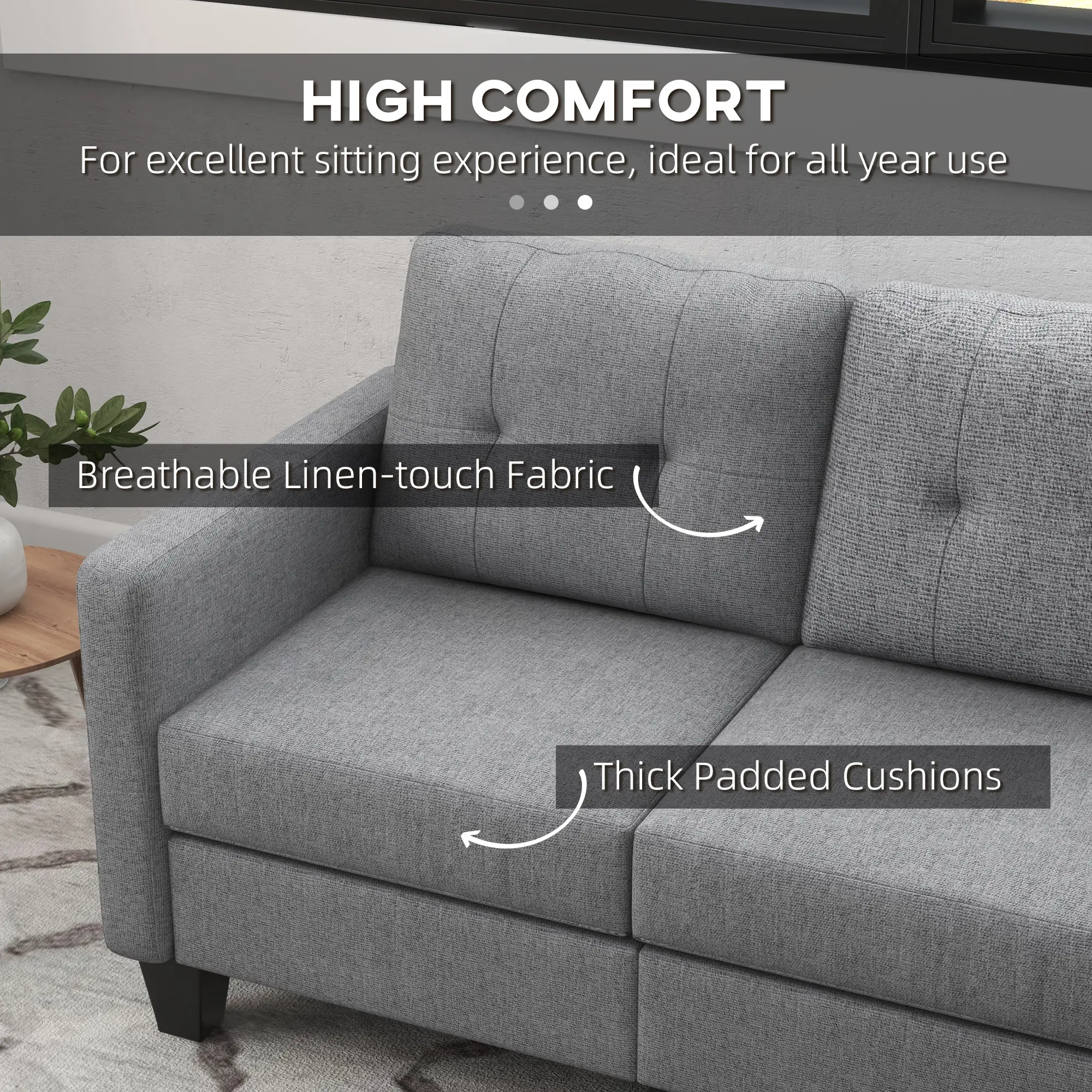 L-Shaped Sofa, 3 Seater with Ottoman, Thick Padded Cushion, Light Grey - Image 4