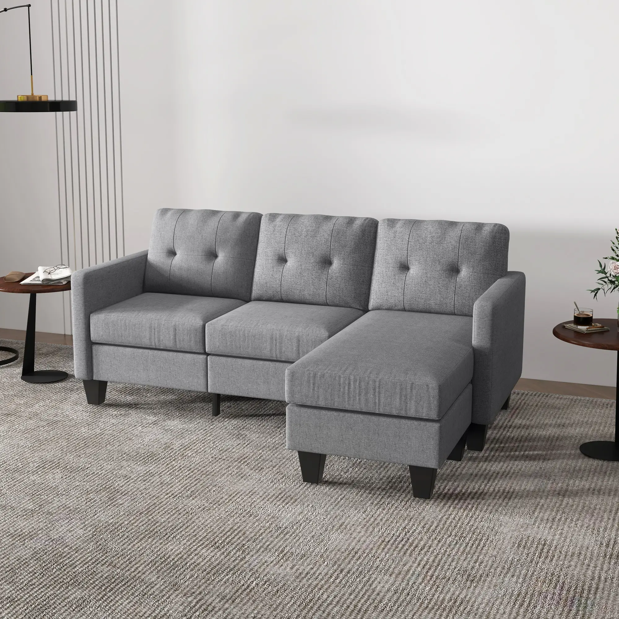 L-Shaped Sofa, 3 Seater with Ottoman, Thick Padded Cushion, Light Grey - Image 7