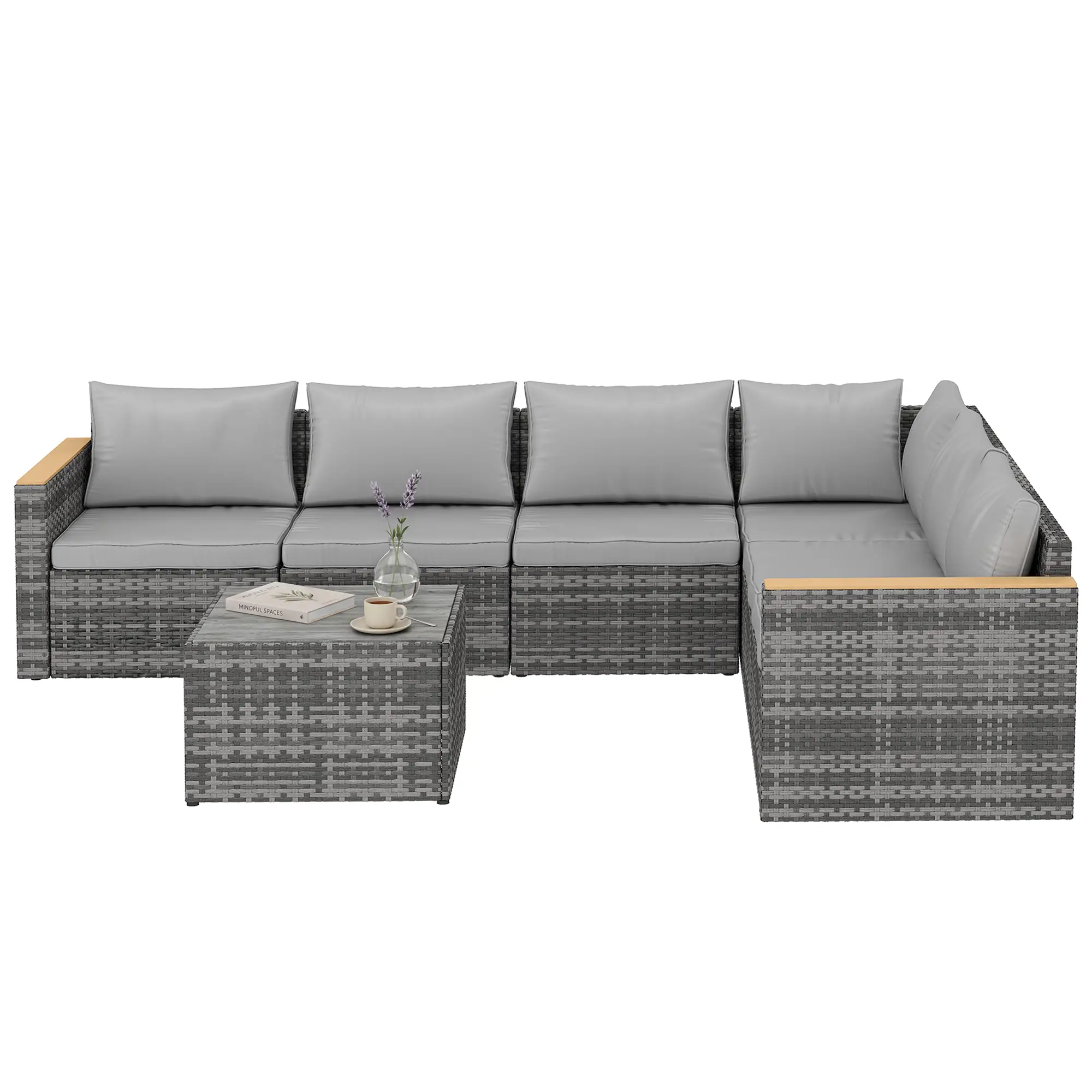 L-Shaped Wicker Patio Furniture Set, 7 Piece, Light Grey