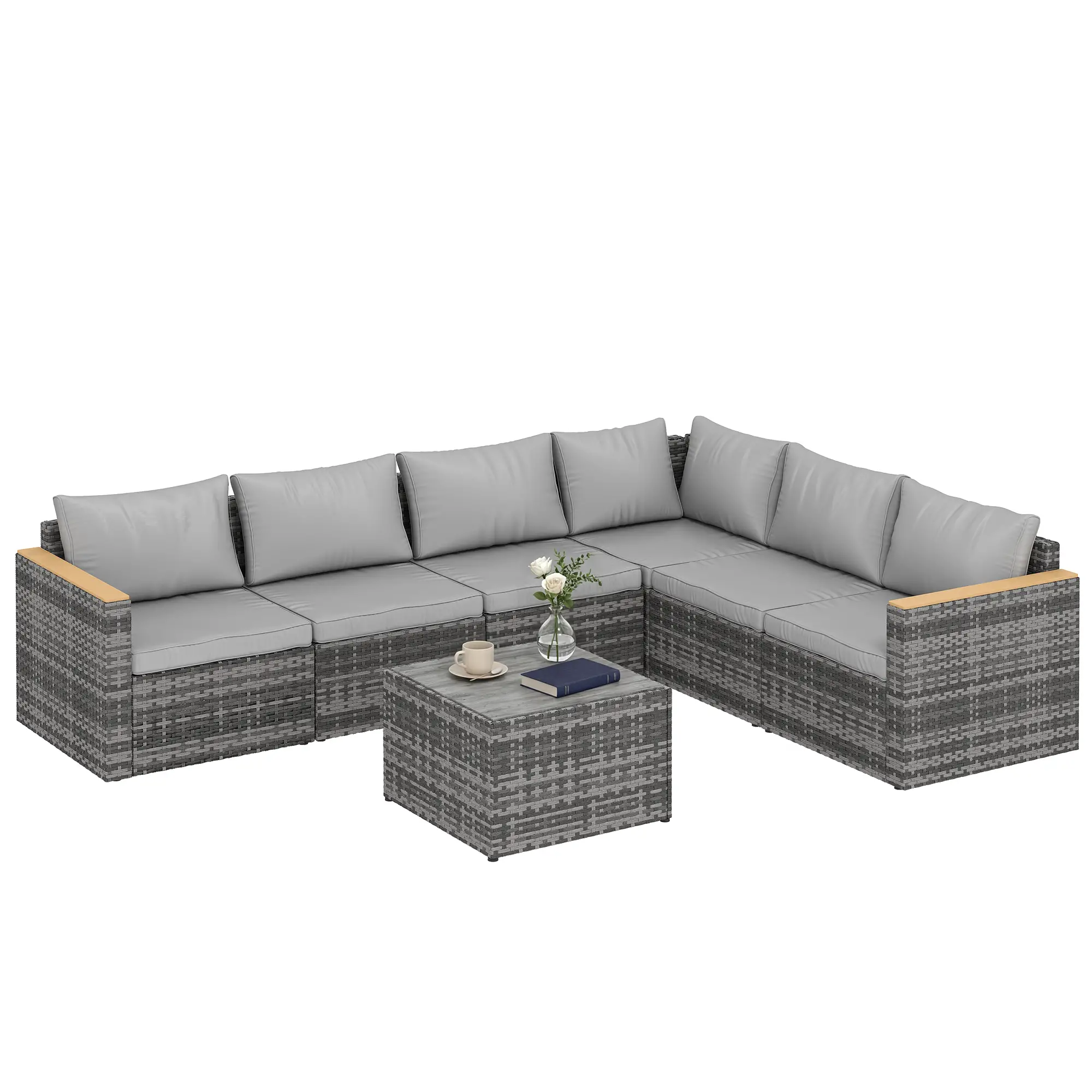 L-Shaped Wicker Patio Furniture Set, 7 Piece, Light Grey - Image 11