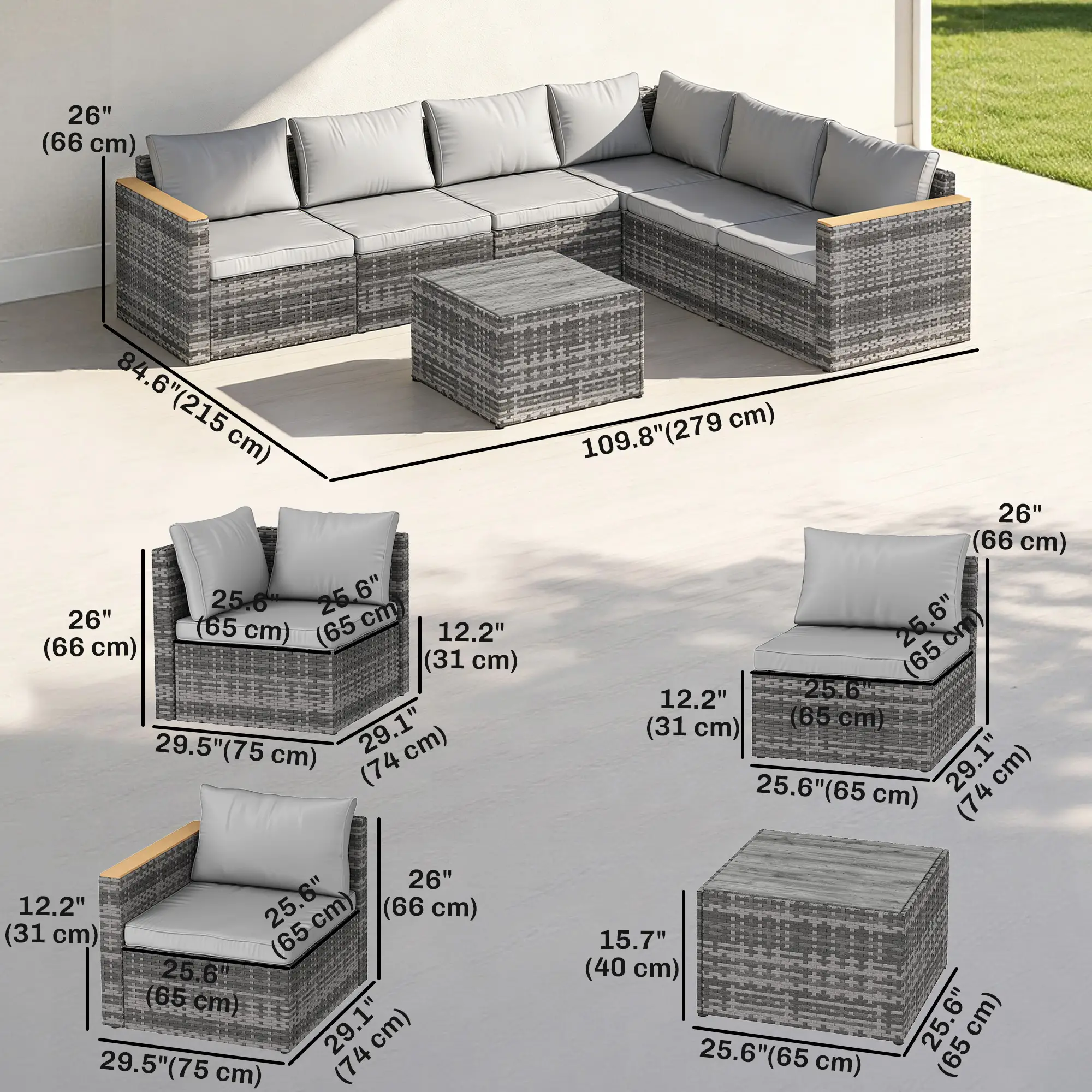 L-Shaped Wicker Patio Furniture Set, 7 Piece, Light Grey - Image 3