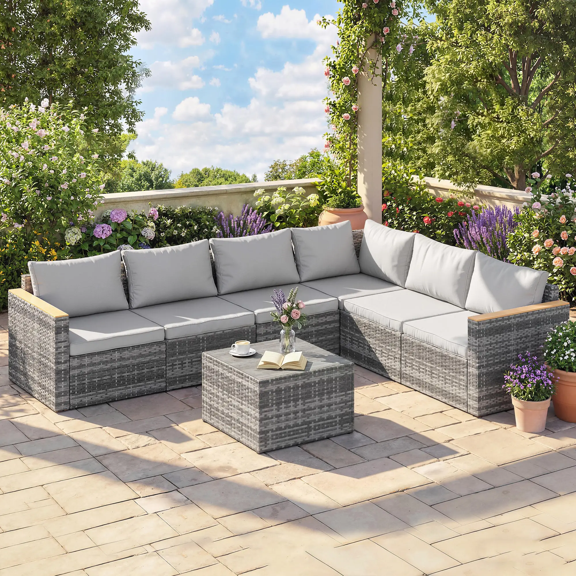 L-Shaped Wicker Patio Furniture Set, 7 Piece, Light Grey - Image 8