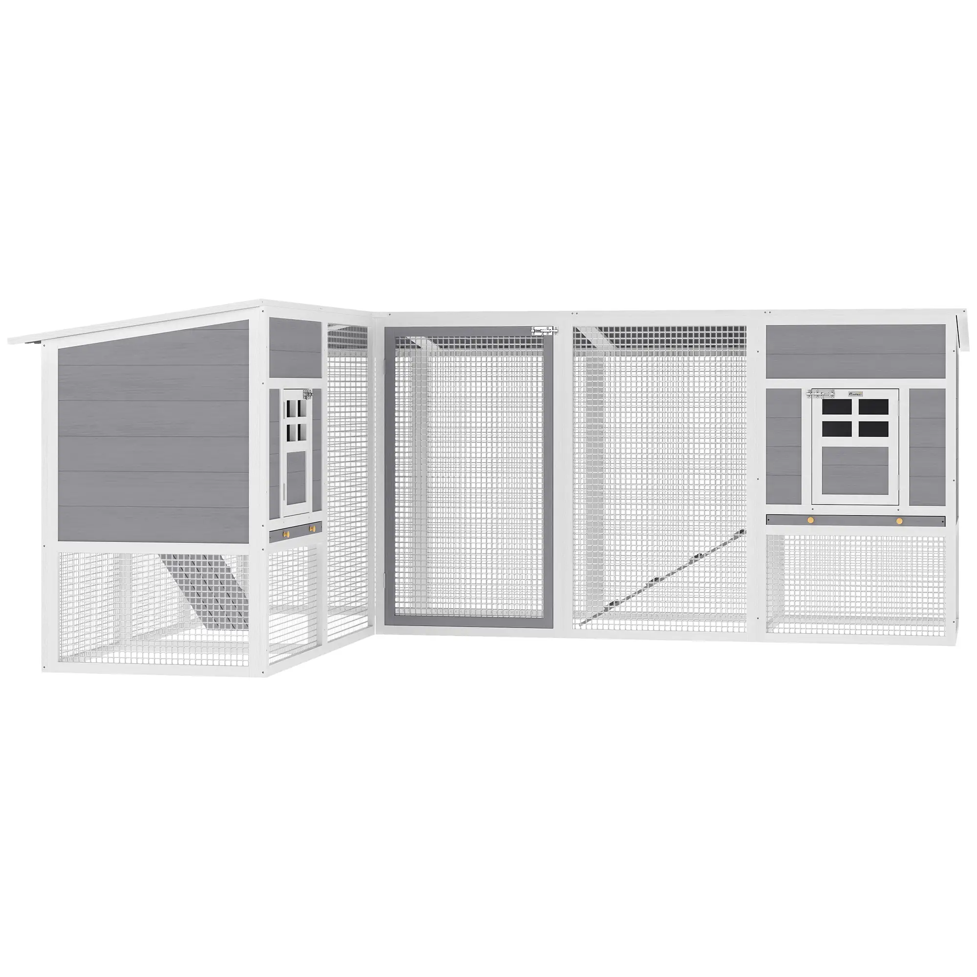 L-Shaped Wooden Chicken Coop With Run, 2 Houses, Waterproof Roof, Ramps