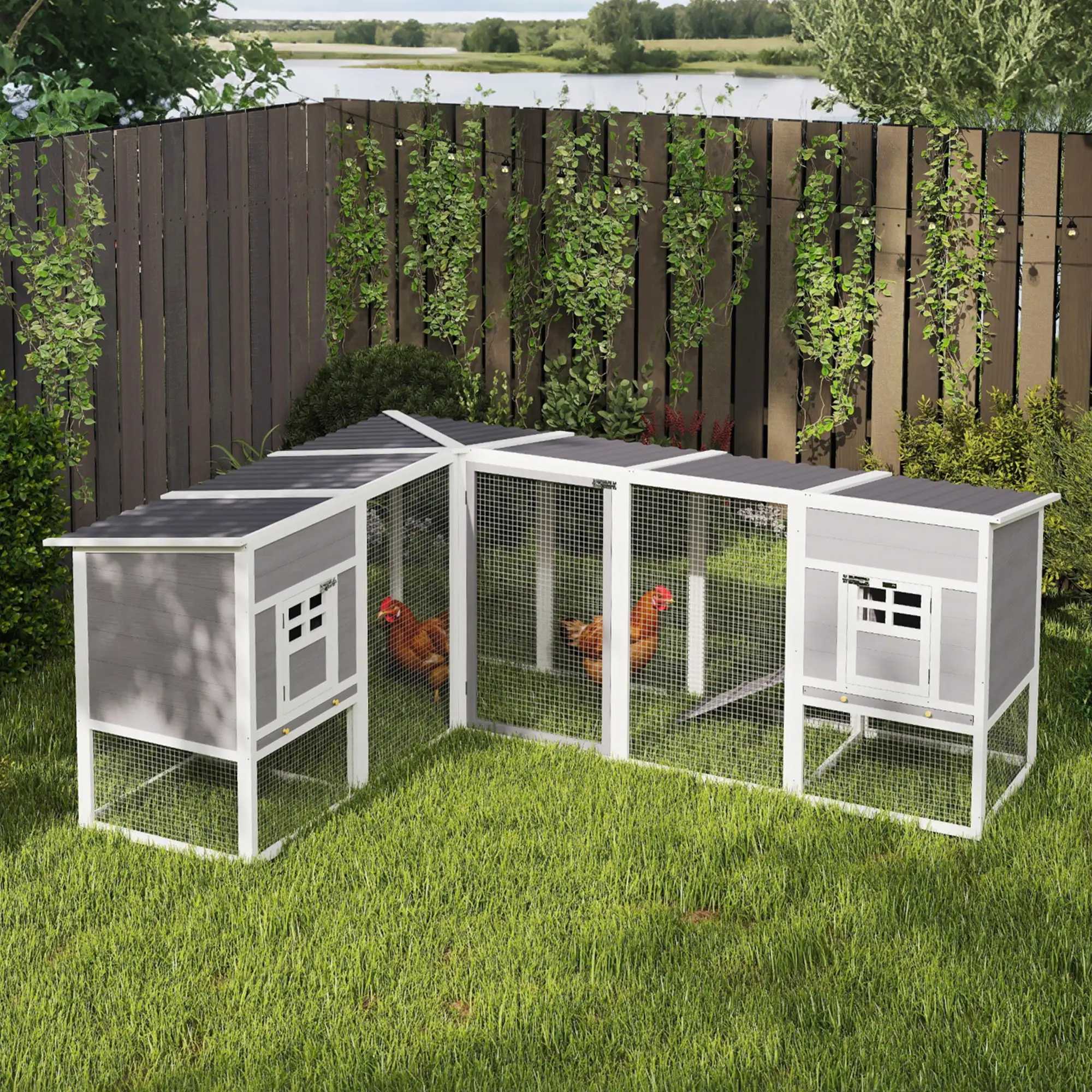 L-Shaped Wooden Chicken Coop With Run, 2 Houses, Waterproof Roof, Ramps - Image 2