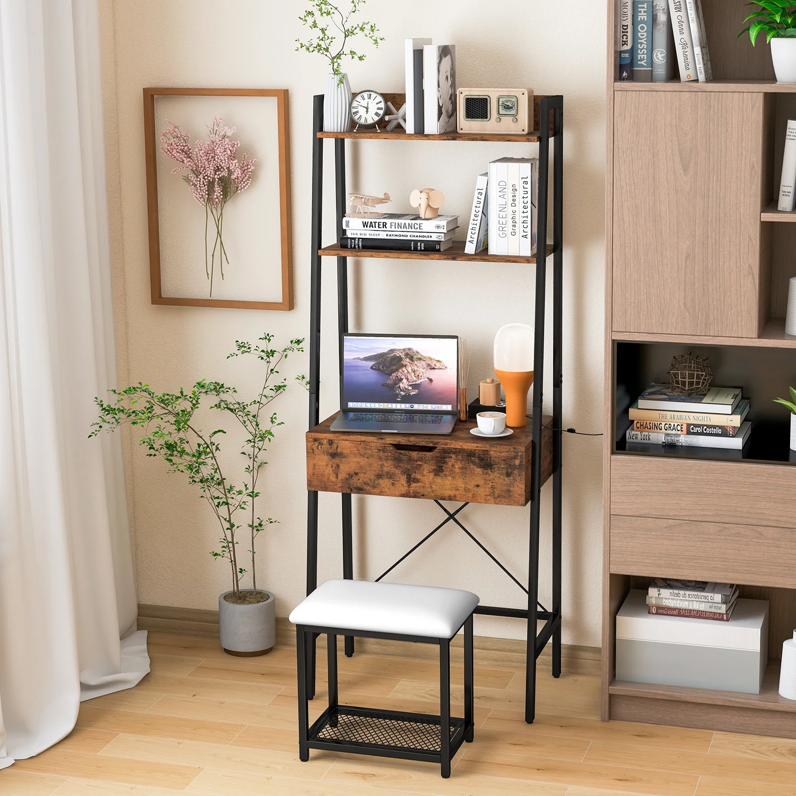 Ladder Vanity Desk Set With Flip Top Mirror, Black - Image 2
