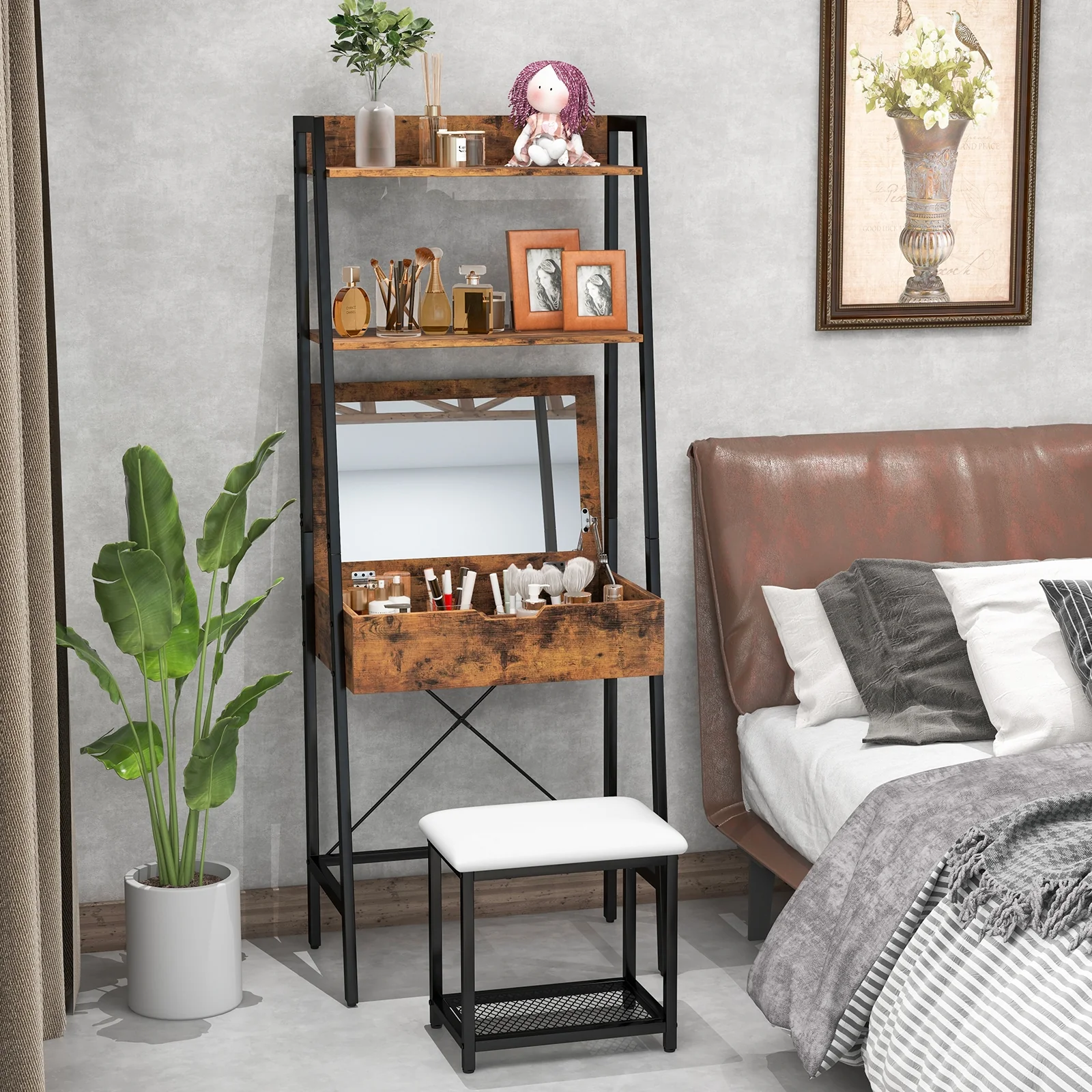 Ladder Vanity Desk Set With Flip Top Mirror, Black - Image 3
