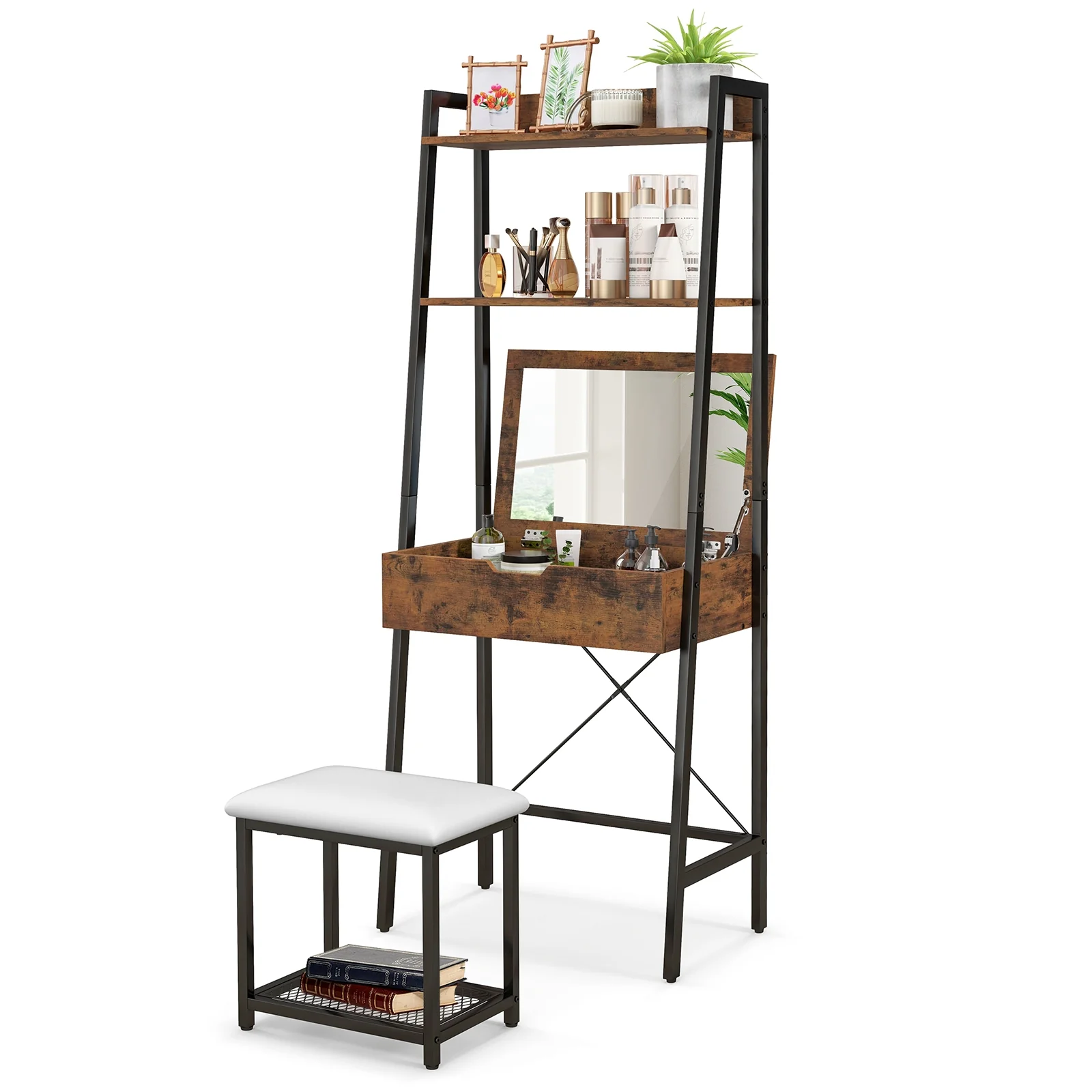 Ladder Vanity Desk Set With Flip Top Mirror, Black - Image 4