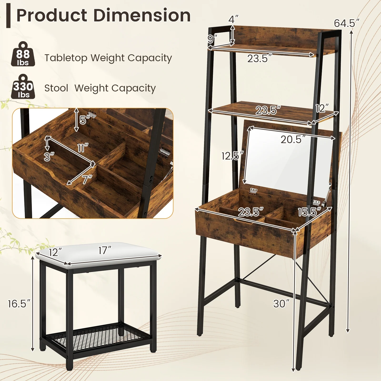 Ladder Vanity Desk Set With Flip Top Mirror, Black - Image 6