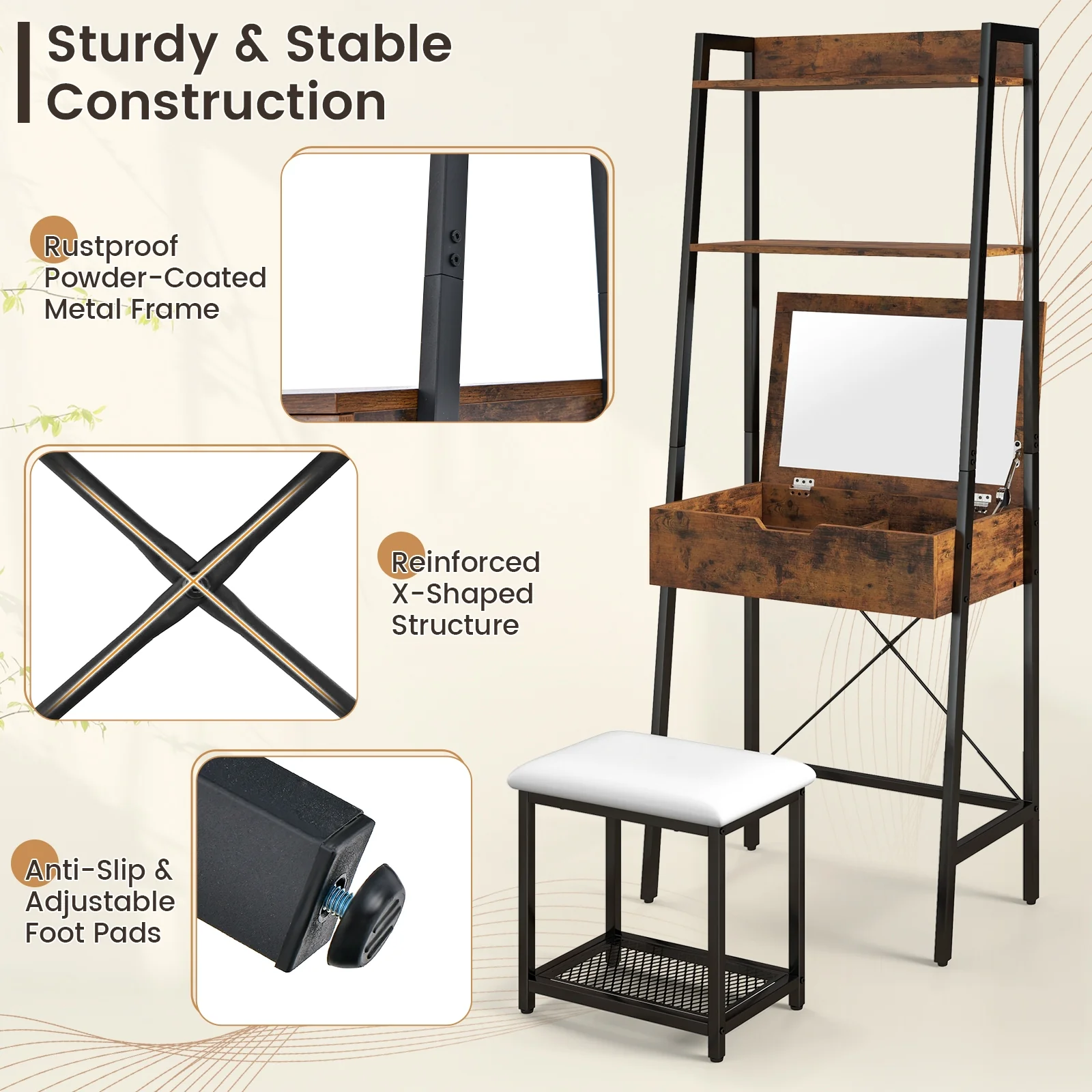 Ladder Vanity Desk Set With Flip Top Mirror, Black - Image 7