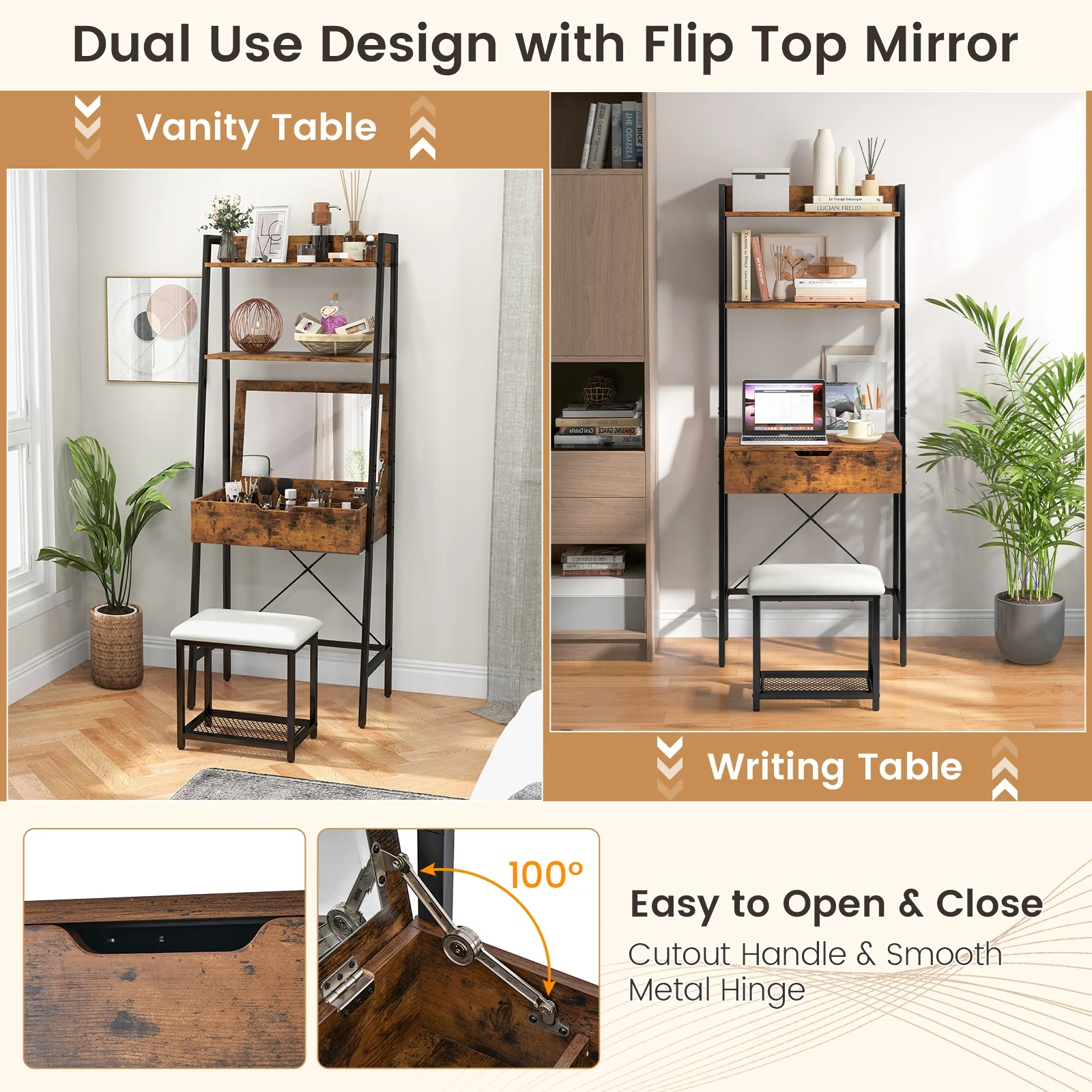 Ladder Vanity Desk Set With Flip Top Mirror, Black - Image 8