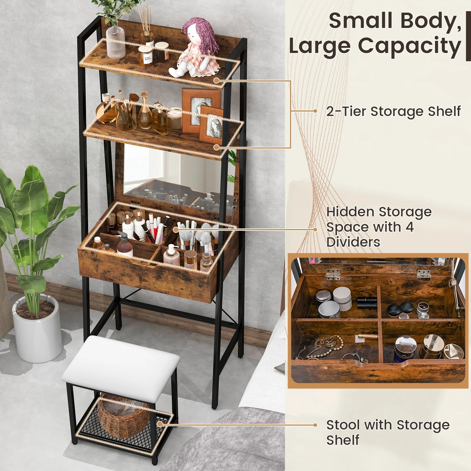 Ladder Vanity Desk Set With Flip Top Mirror, Black - Image 9