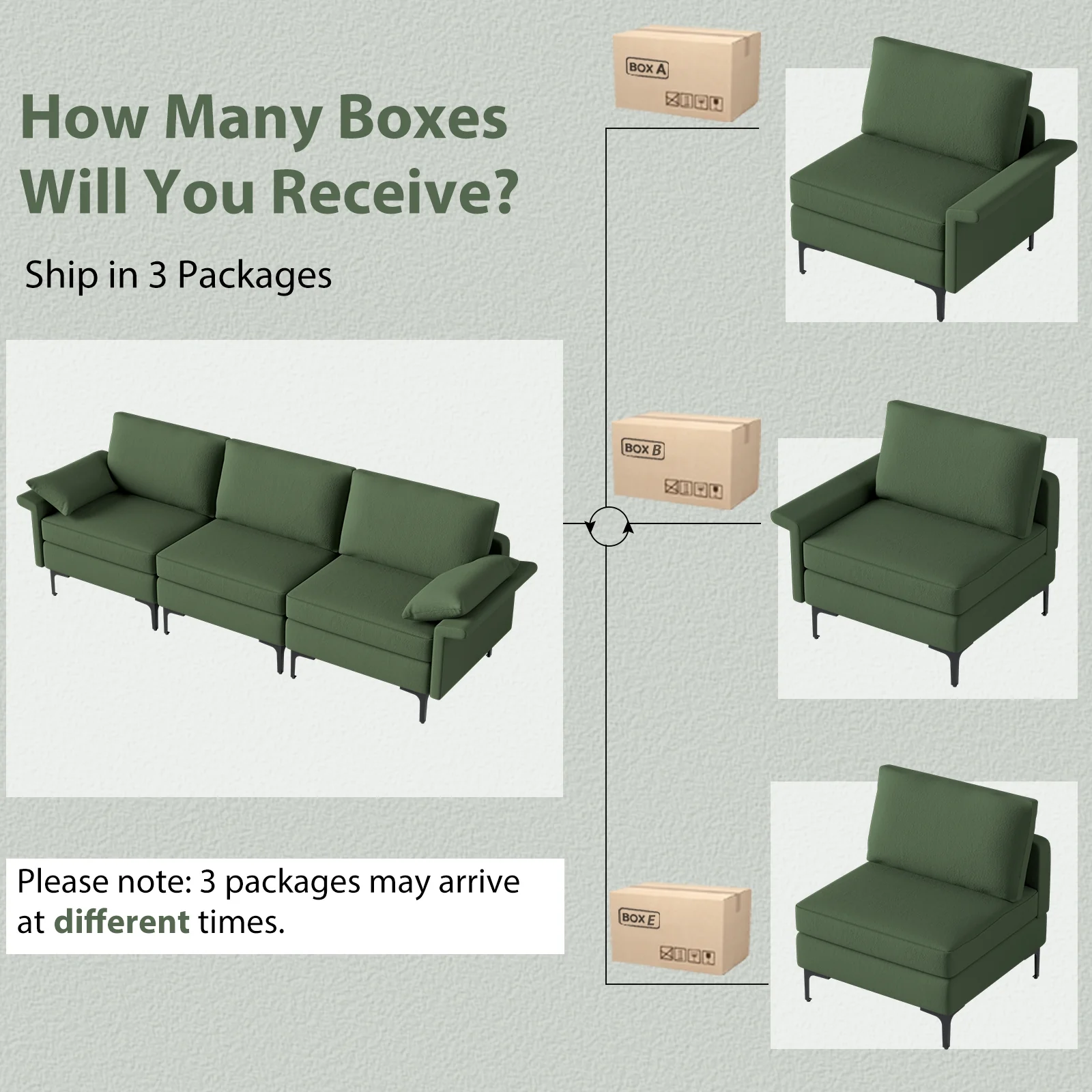Large 3-Seat Sofa Sectional, Metal Legs, 2 USB Ports, Army Green - Image 10