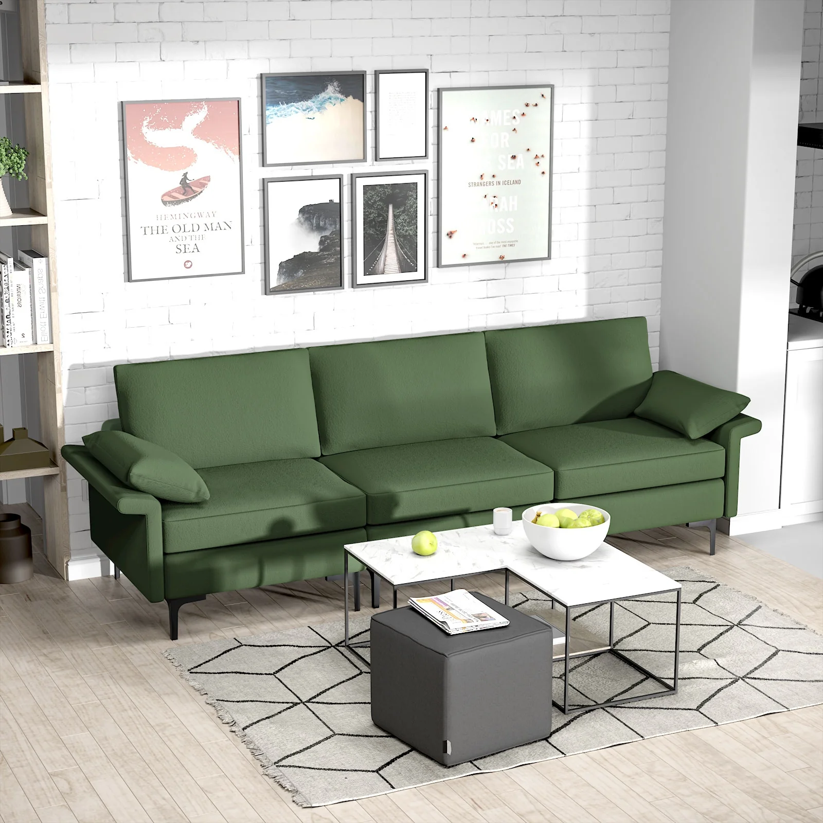 Large 3-Seat Sofa Sectional, Metal Legs, 2 USB Ports, Army Green - Image 2