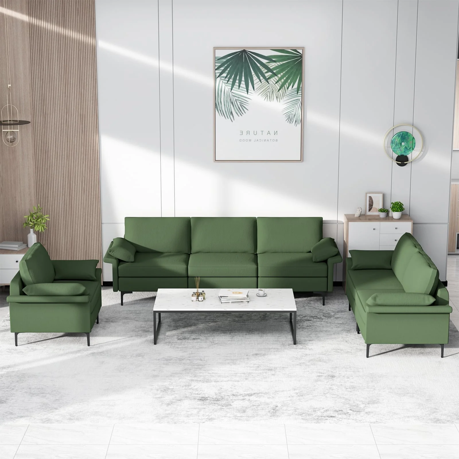 Large 3-Seat Sofa Sectional, Metal Legs, 2 USB Ports, Army Green - Image 3