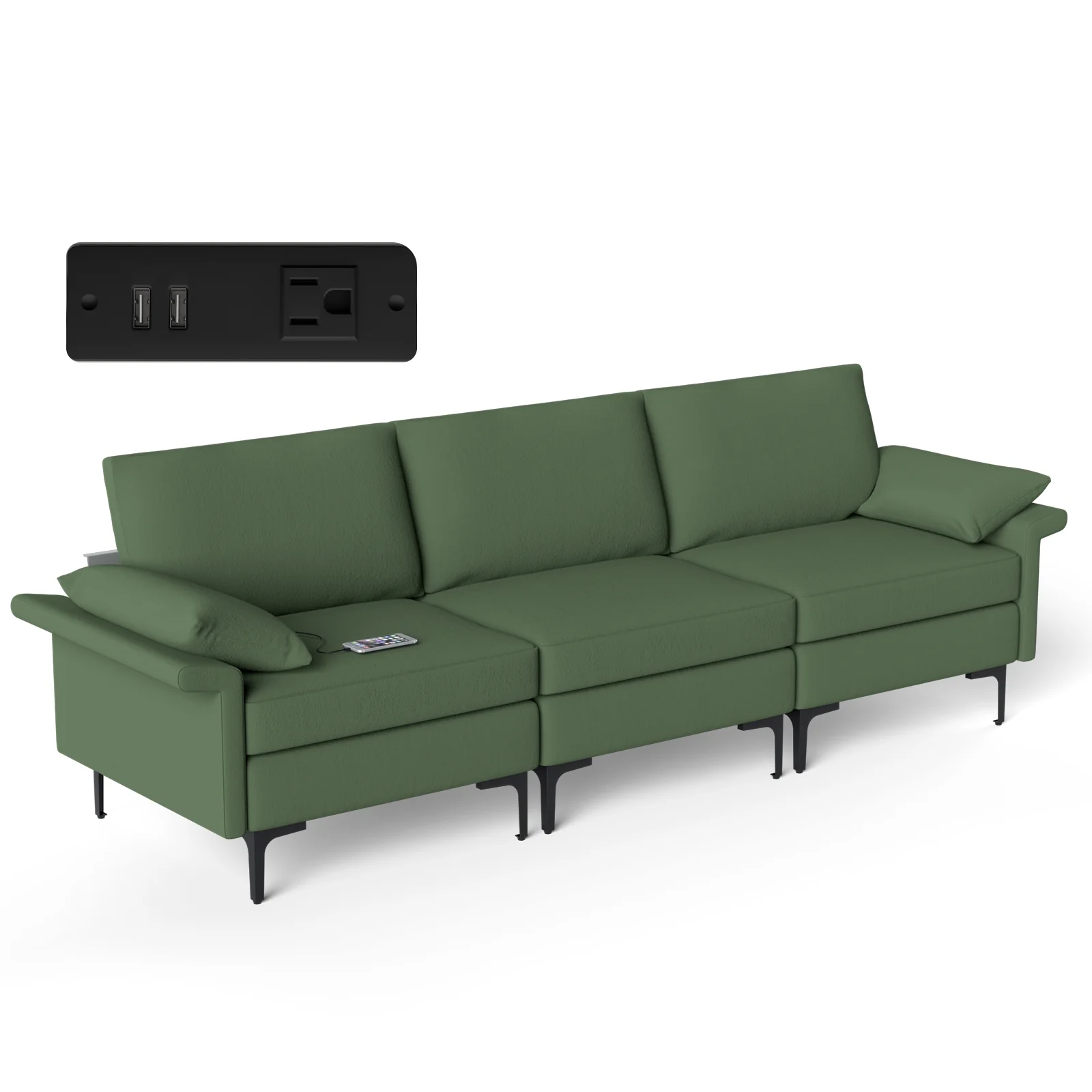 Large 3-Seat Sofa Sectional, Metal Legs, 2 USB Ports, Army Green - Image 4