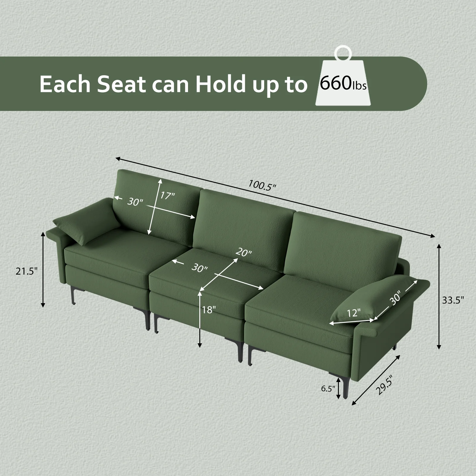 Large 3-Seat Sofa Sectional, Metal Legs, 2 USB Ports, Army Green - Image 6