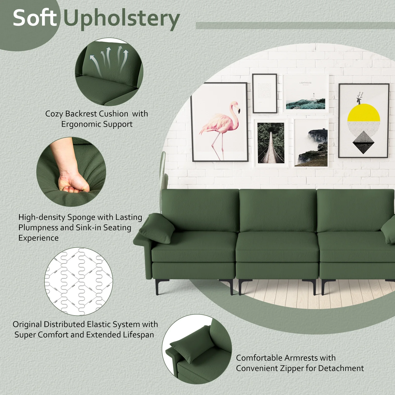 Large 3-Seat Sofa Sectional, Metal Legs, 2 USB Ports, Army Green - Image 7