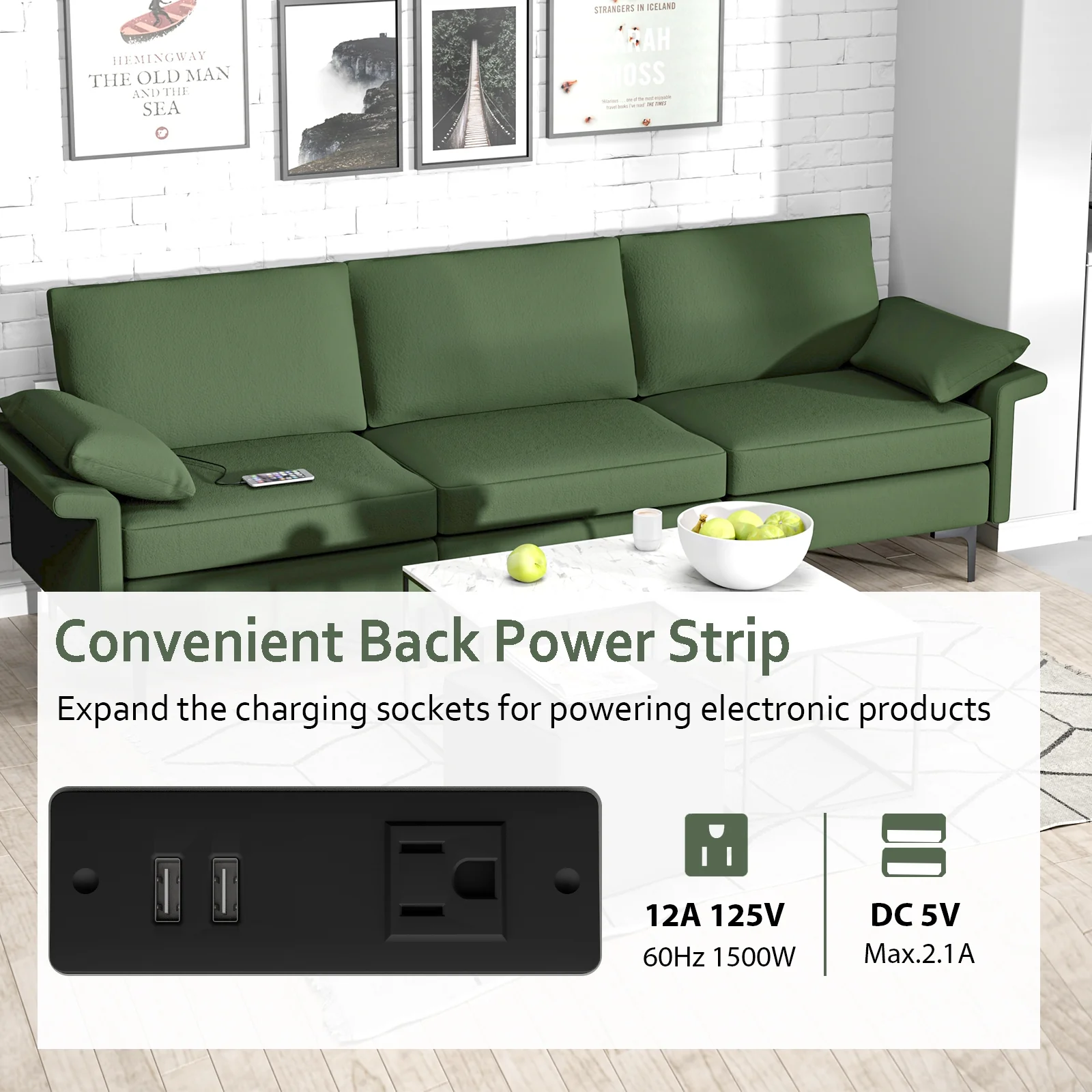 Large 3-Seat Sofa Sectional, Metal Legs, 2 USB Ports, Army Green - Image 8