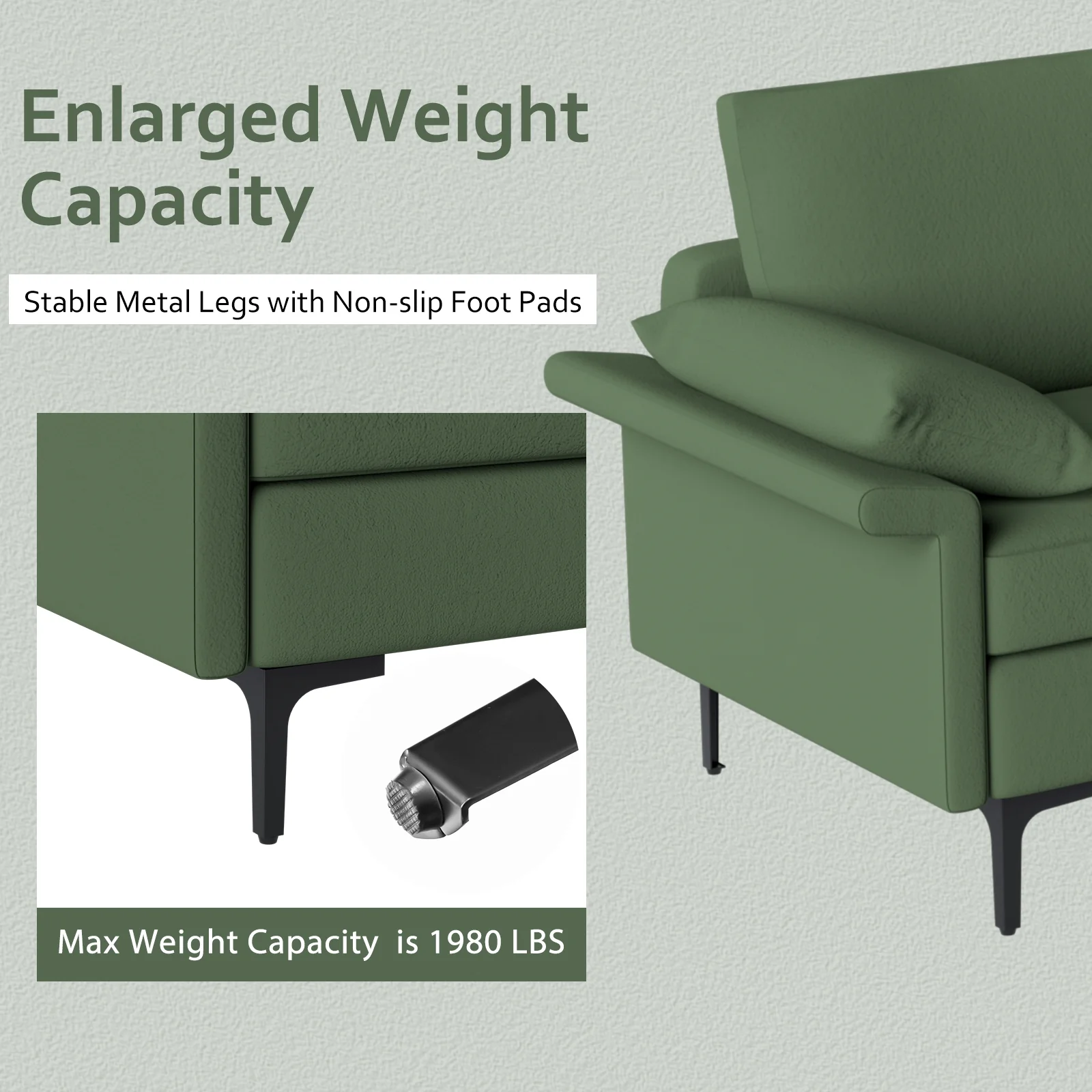 Large 3-Seat Sofa Sectional, Metal Legs, 2 USB Ports, Army Green - Image 9