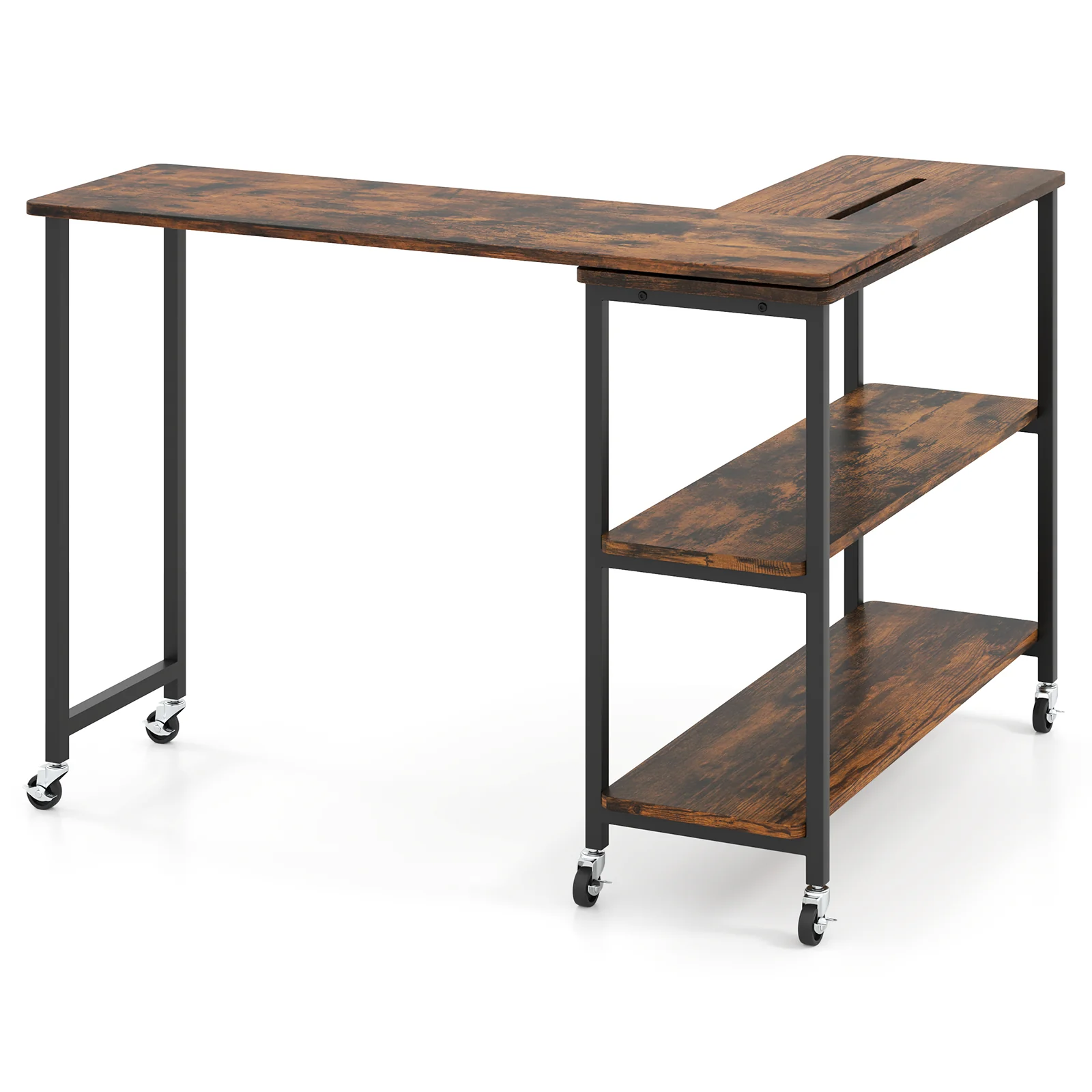 Large 360-Degree Rotating Sofa Table, Wheels, Storage Shelf, Brown