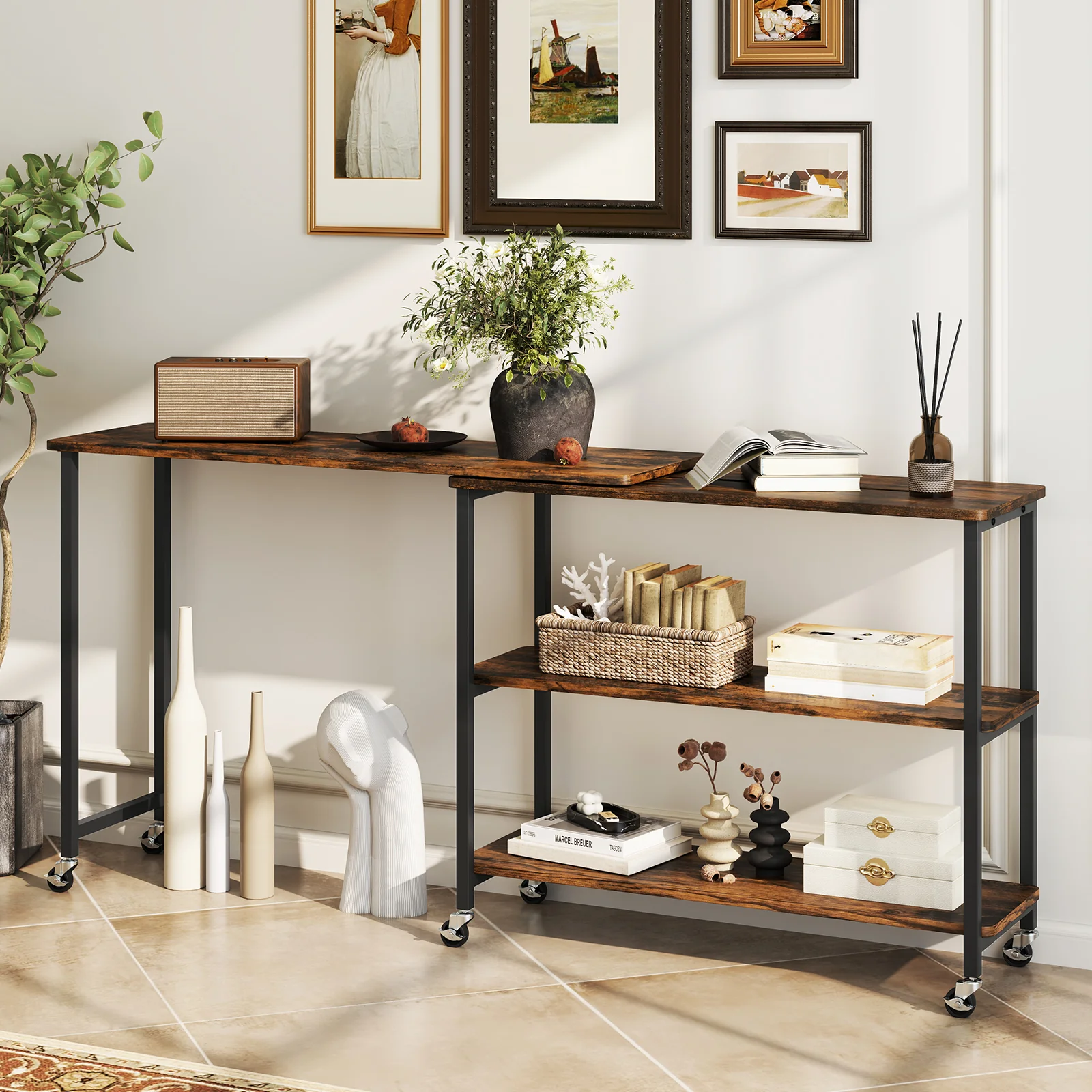 Large 360-Degree Rotating Sofa Table, Wheels, Storage Shelf, Brown - Image 2