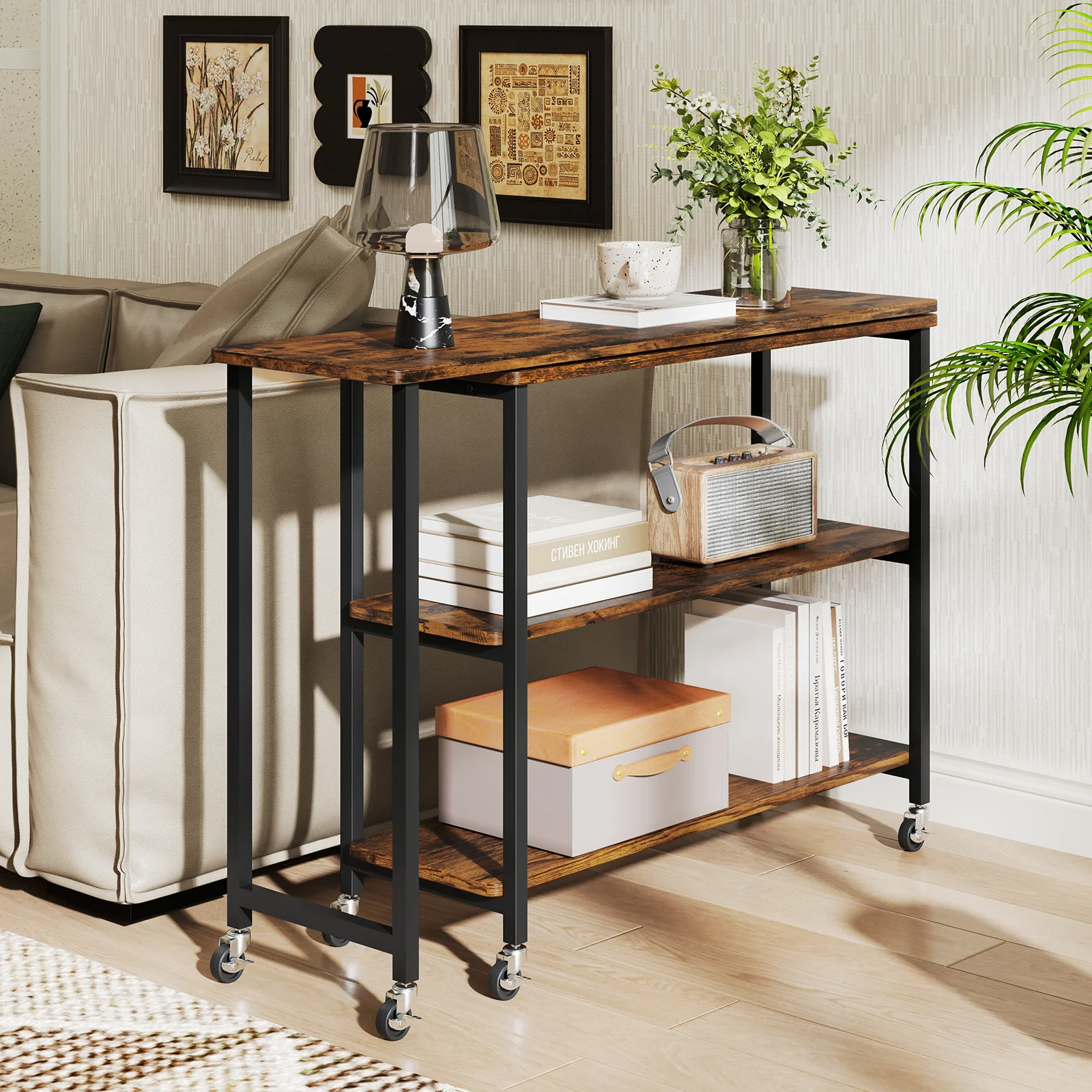 Large 360-Degree Rotating Sofa Table, Wheels, Storage Shelf, Brown - Image 7